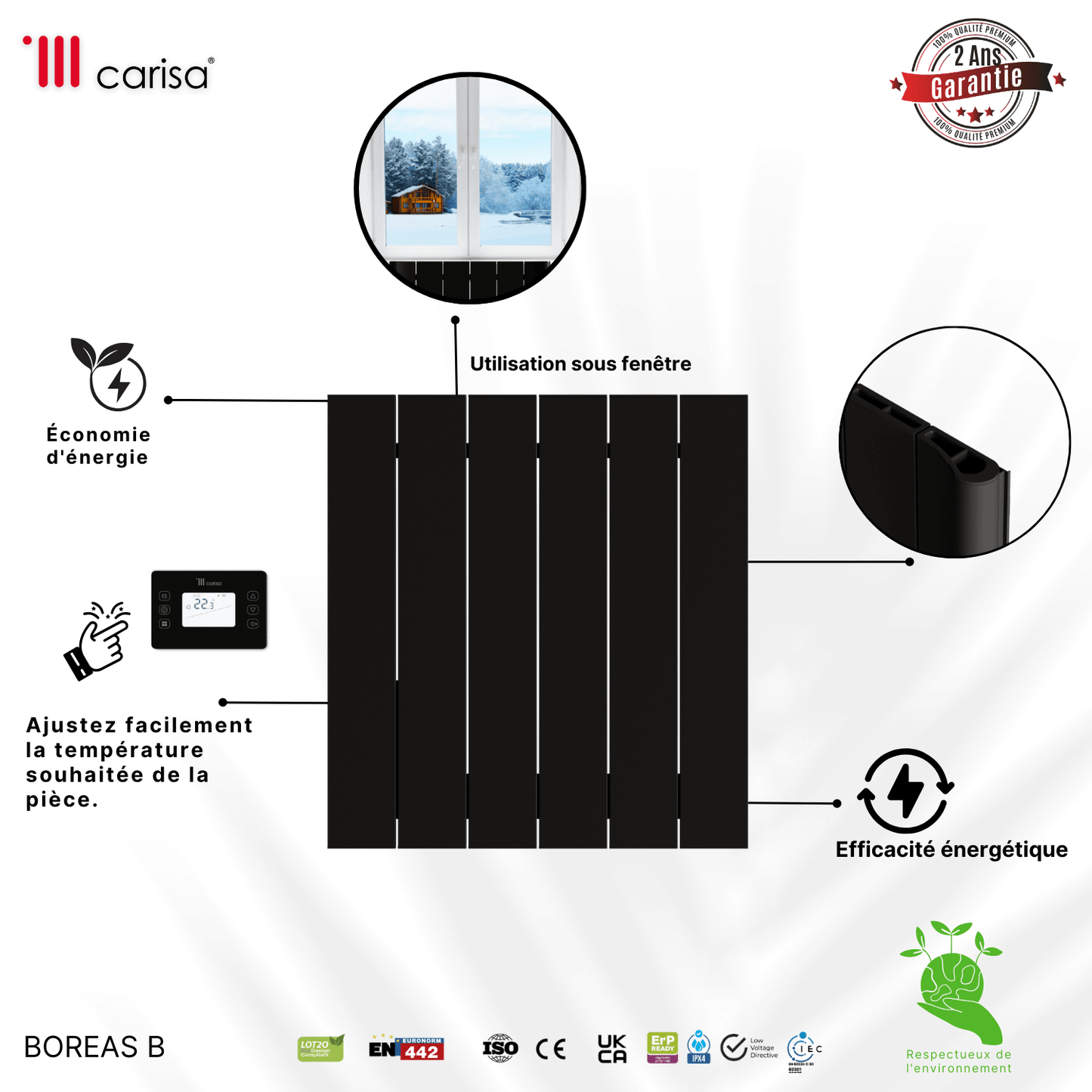 Carisa Boreas B Horizontaler elektrischer Heizkörper, modernes Design, Schwarz