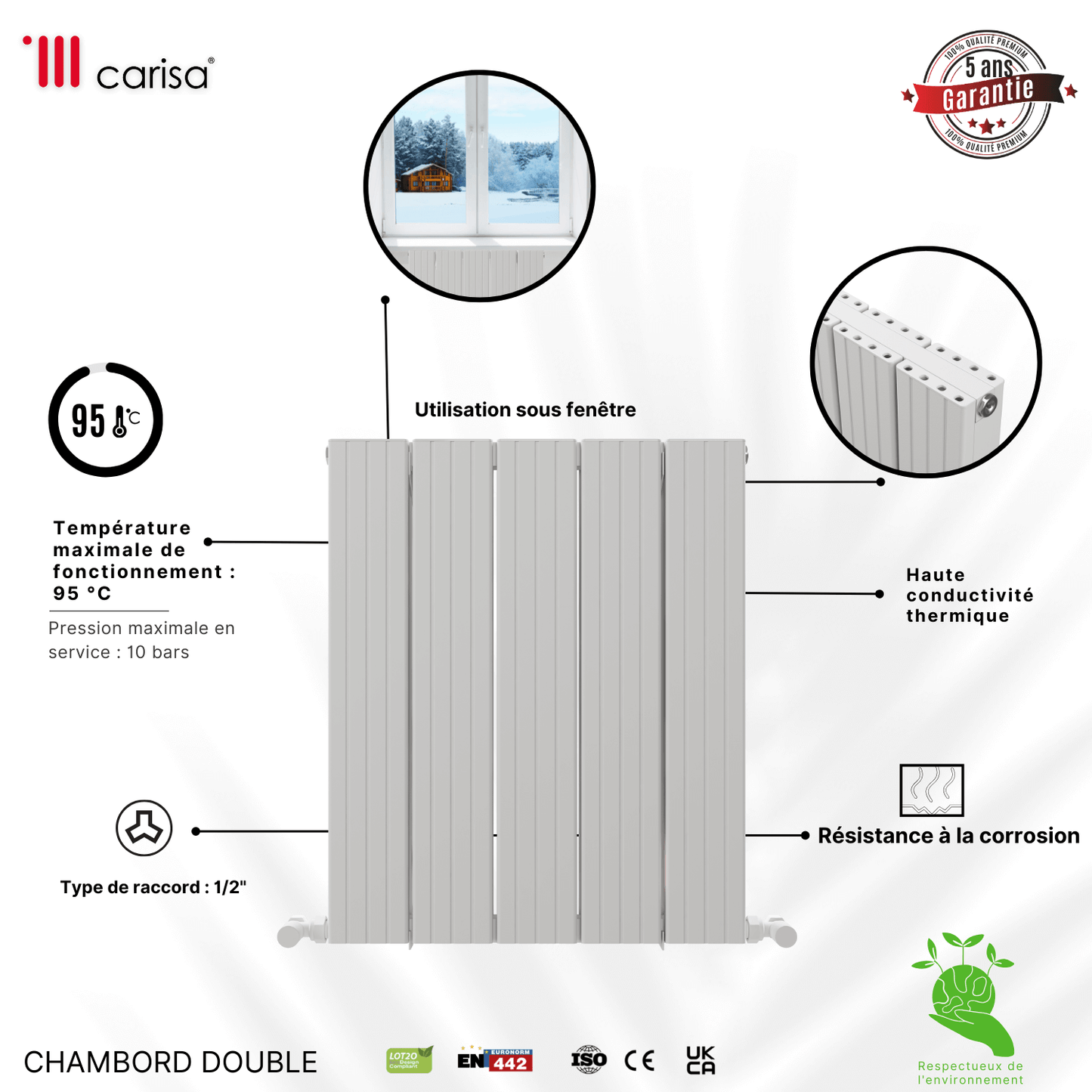 Carisa Chambord Horizontaler Aluminium-Heizkörper, modernes Design, Weiß