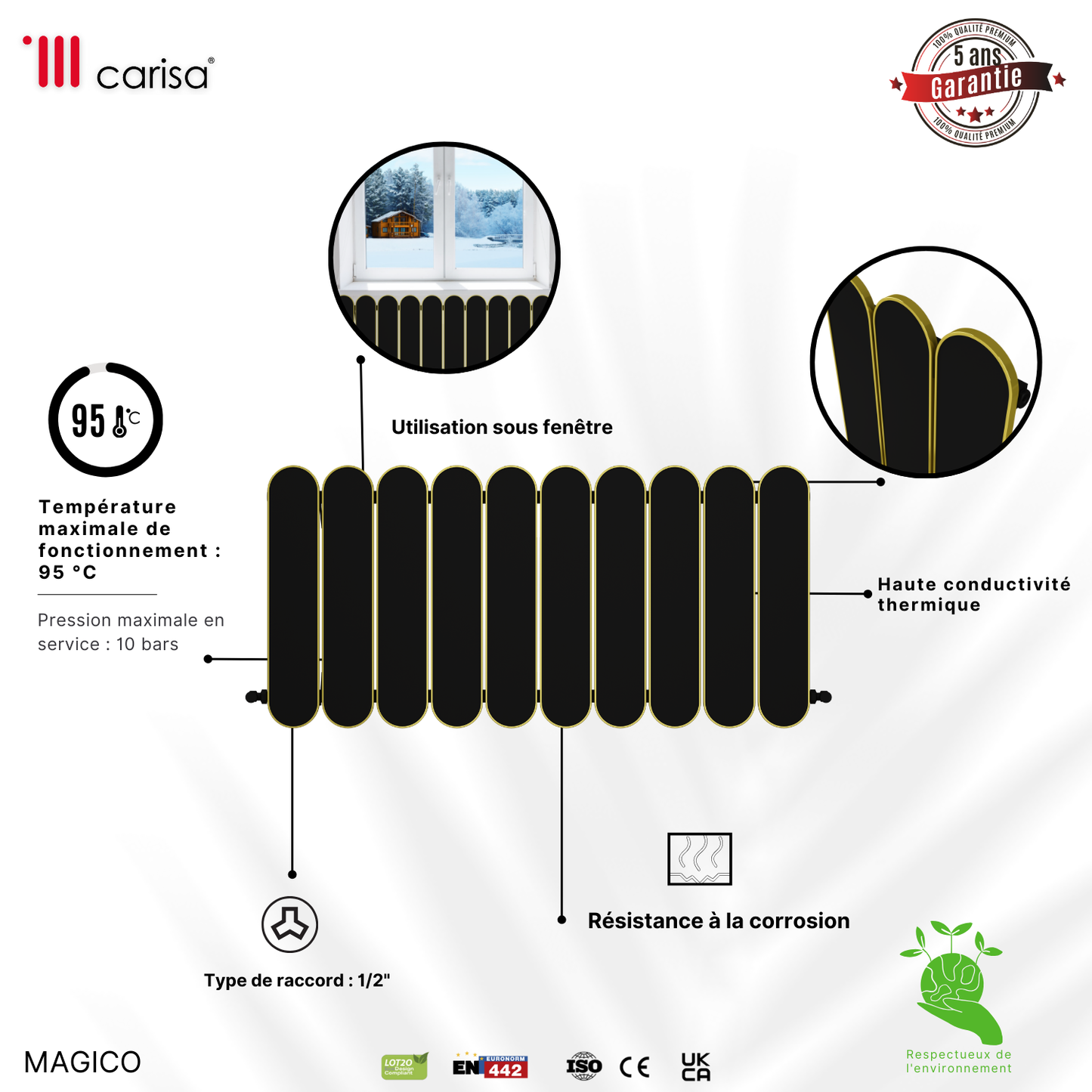 Carisa Magico Horizontaler Aluminium-Heizkörper, modernes Design, Schwarz