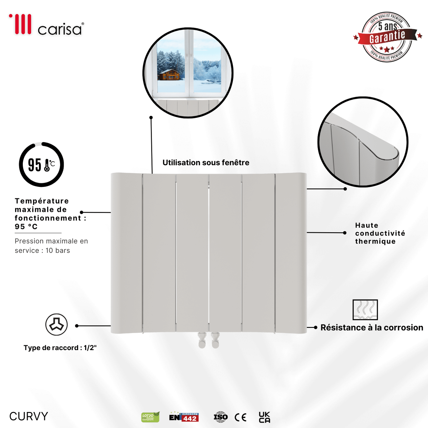 Carisa Curvy Aluminium-Heizkörper, horizontal, modernes Design, Weiß