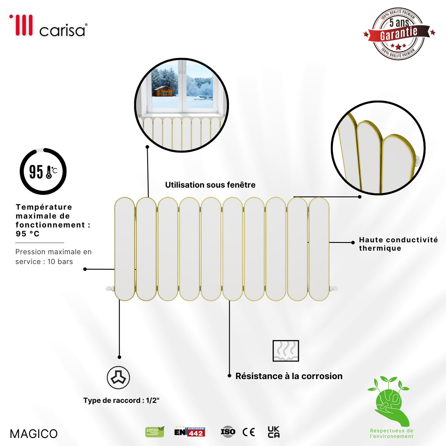 Carisa Magico Horizontaler Aluminium-Heizkörper, modernes Design, Weiß
