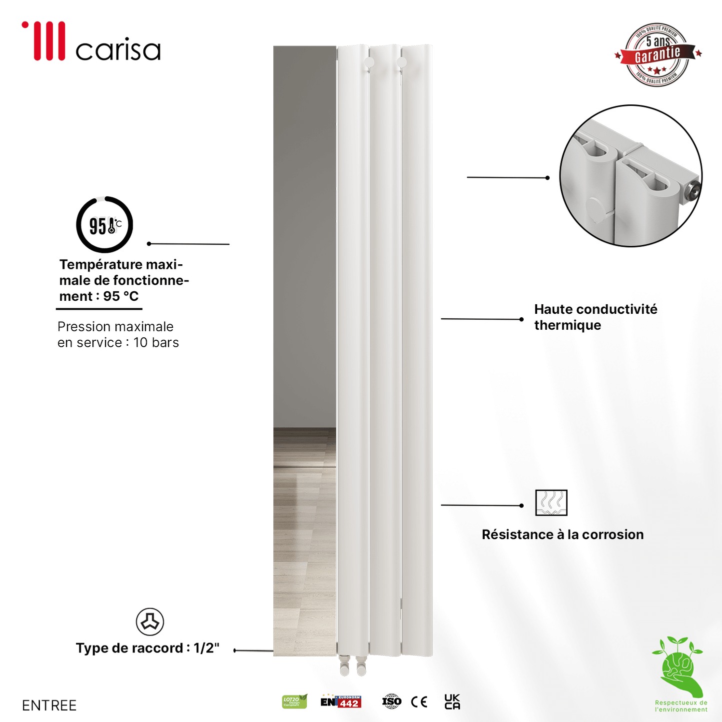 Carisa Entrance Vertikaler Aluminium-Heizkörper, modernes Design, Weiß