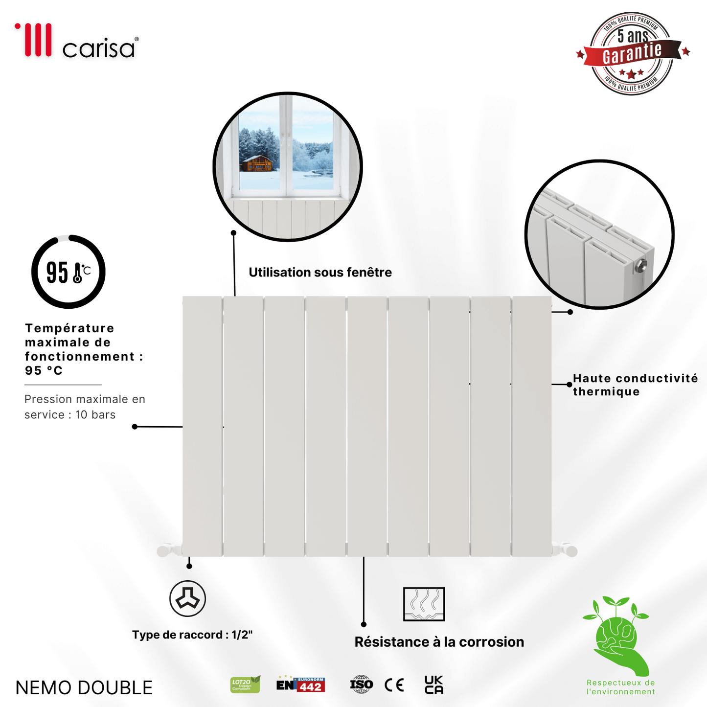 Carisa Nemo Horizontaler Aluminium-Heizkörper, modernes Design, Weiß