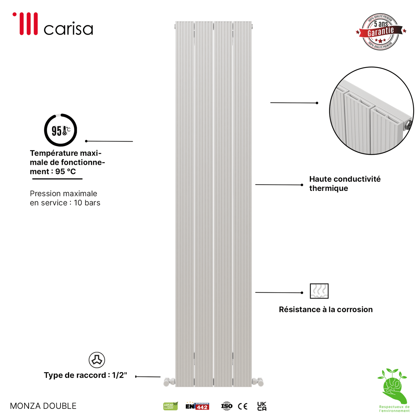 Carisa Monza Vertikaler Aluminium-Heizkörper, modernes Design, Weiß