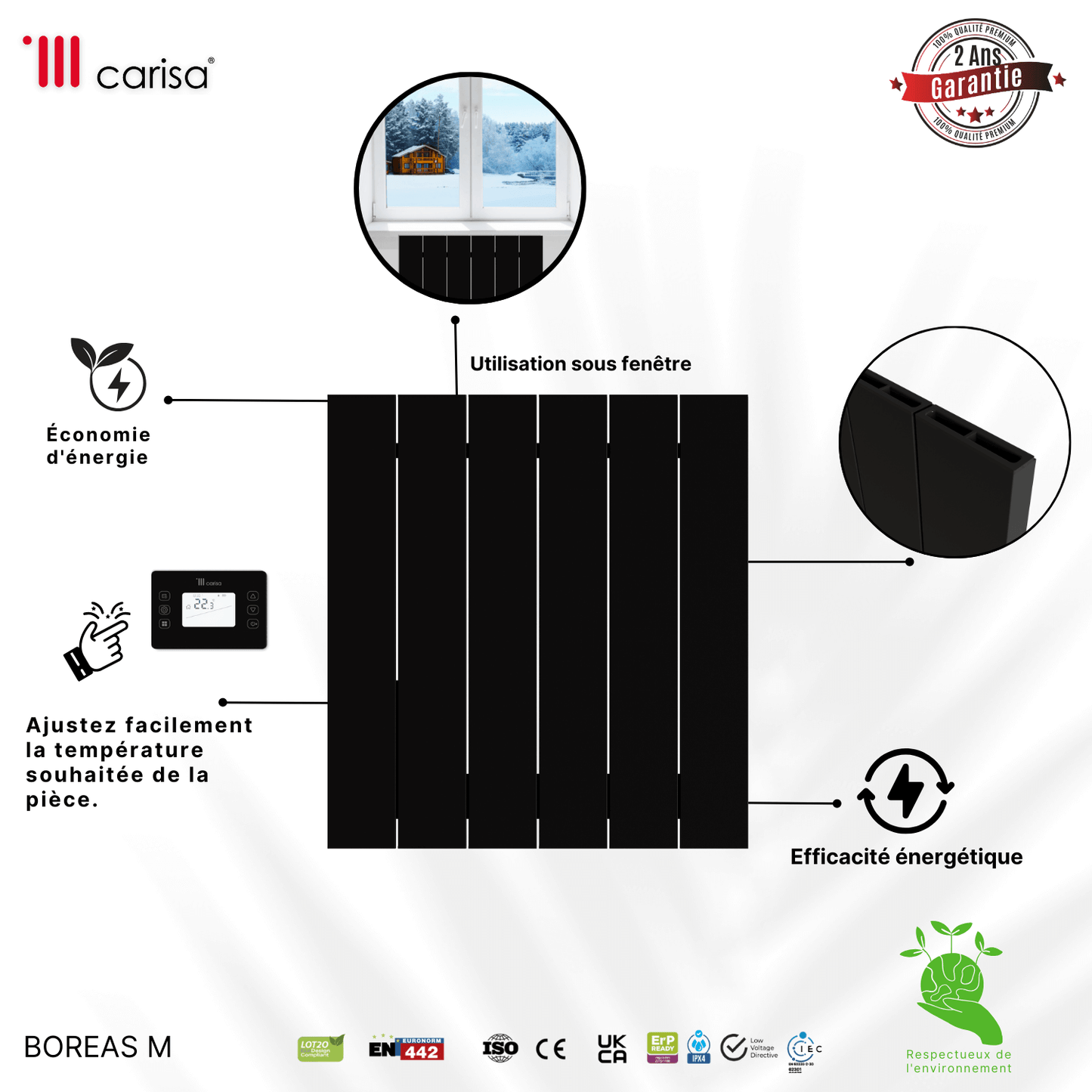 Carisa Boreas M Horizontaler elektrischer Heizkörper, modernes Design, Schwarz