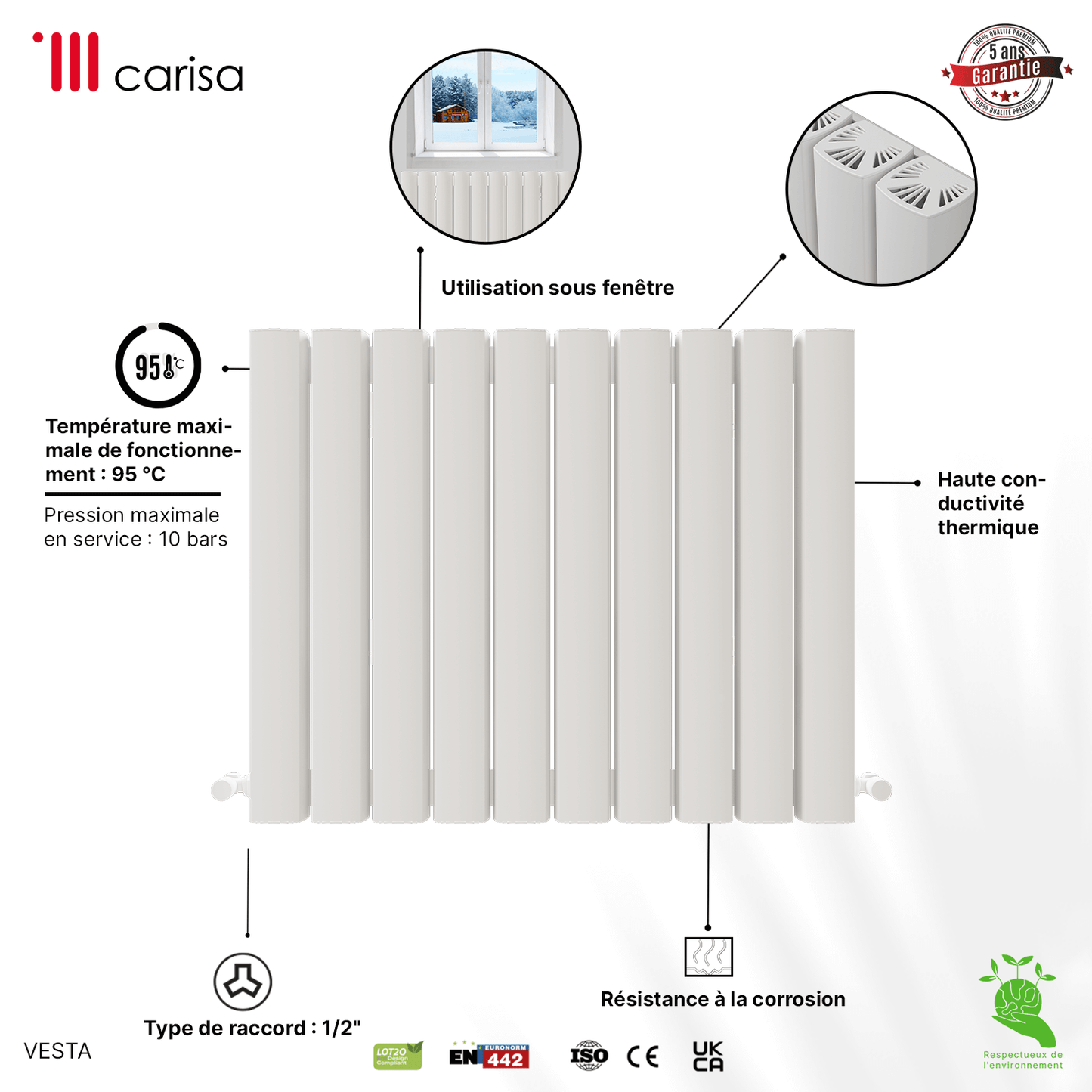 Carisa Vesta Horizontaler Aluminium-Heizkörper, modernes Design, Weiß