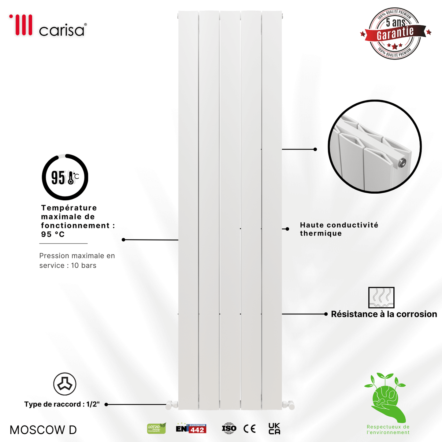 Carisa Moscow D Vertikaler Aluminium-Heizkörper, modernes Design, Weiß