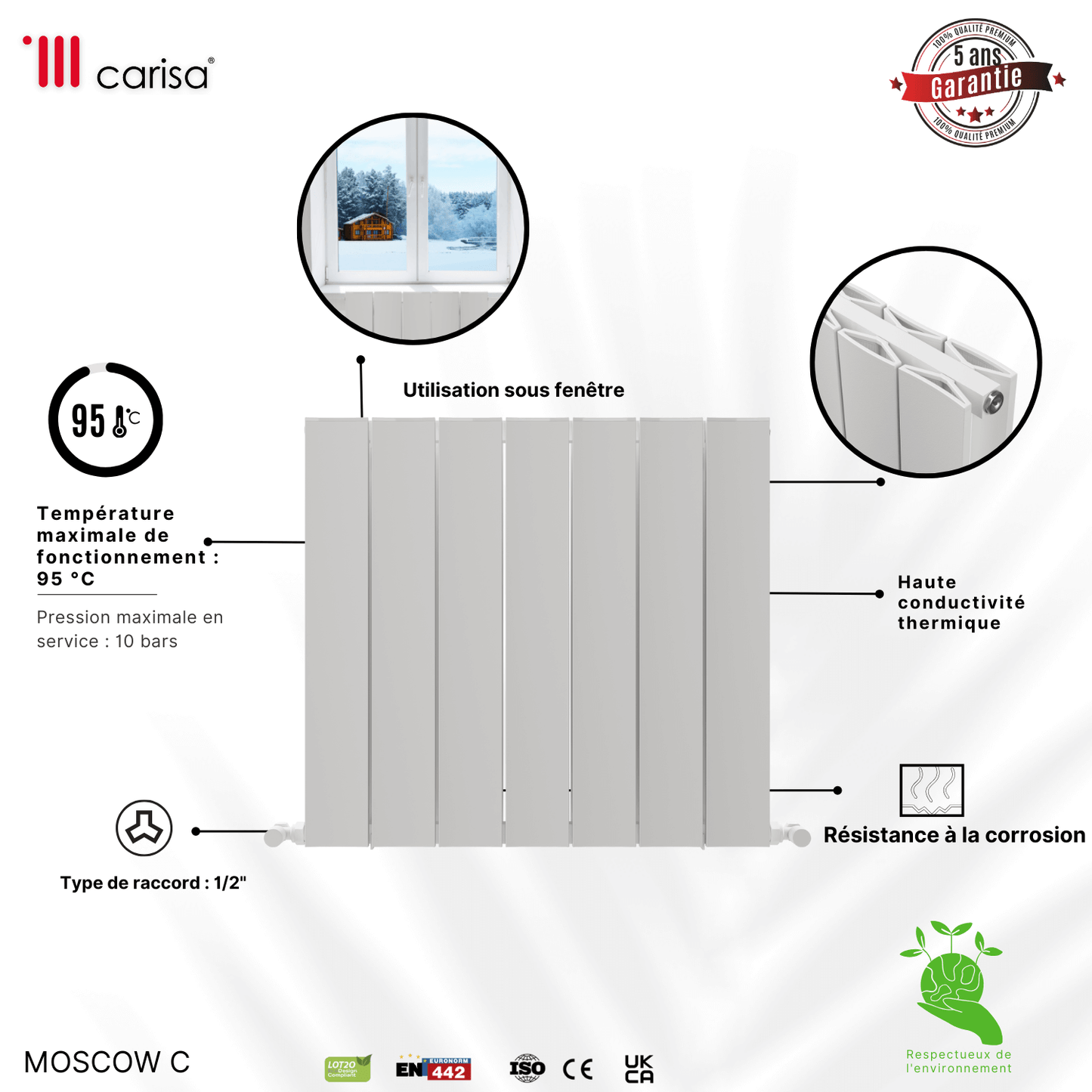Carisa Moscow C Horizontaler Aluminium-Heizkörper, modernes Design, Weiß