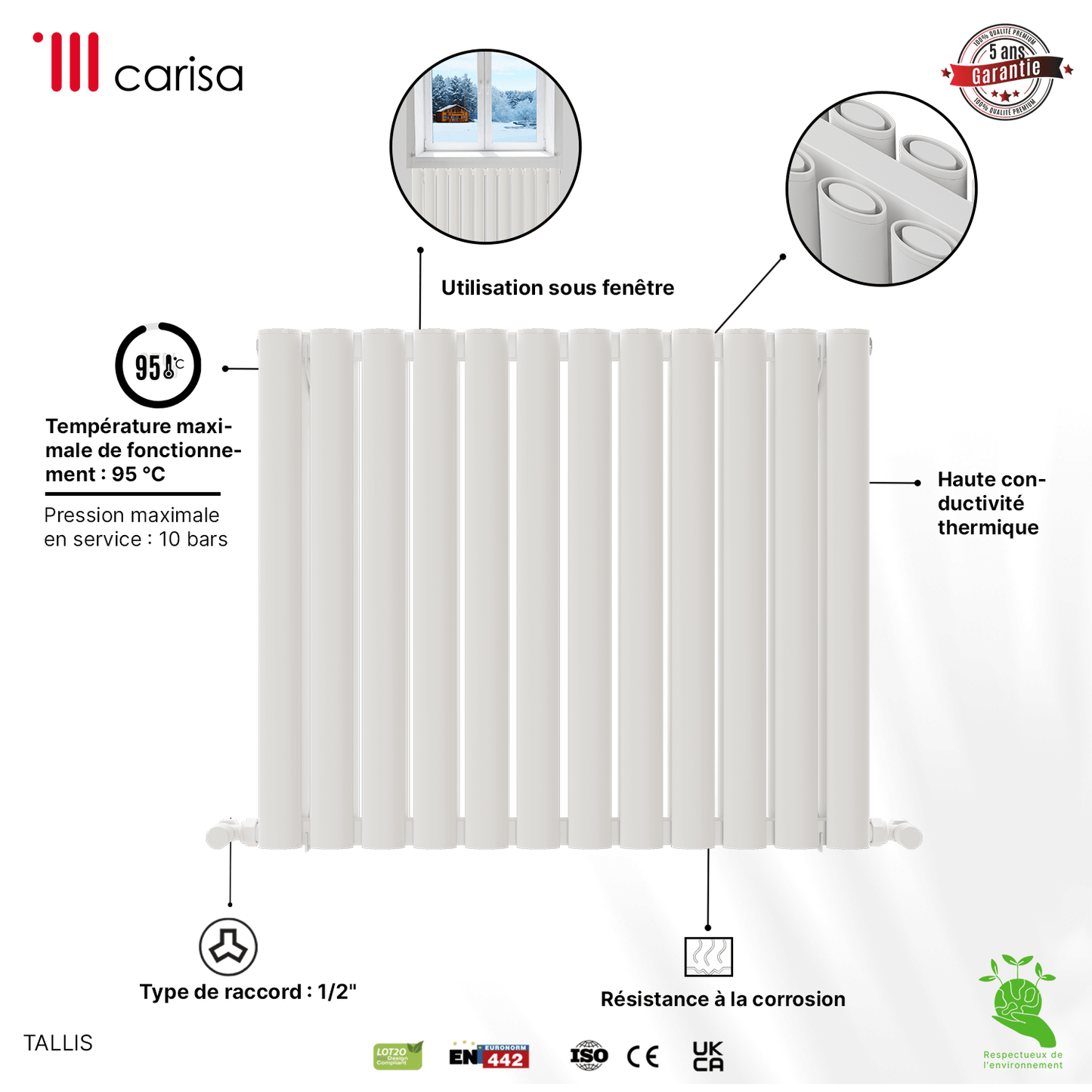 Carisa Tallis Horizontaler Aluminium-Heizkörper, modernes Design, Weiß