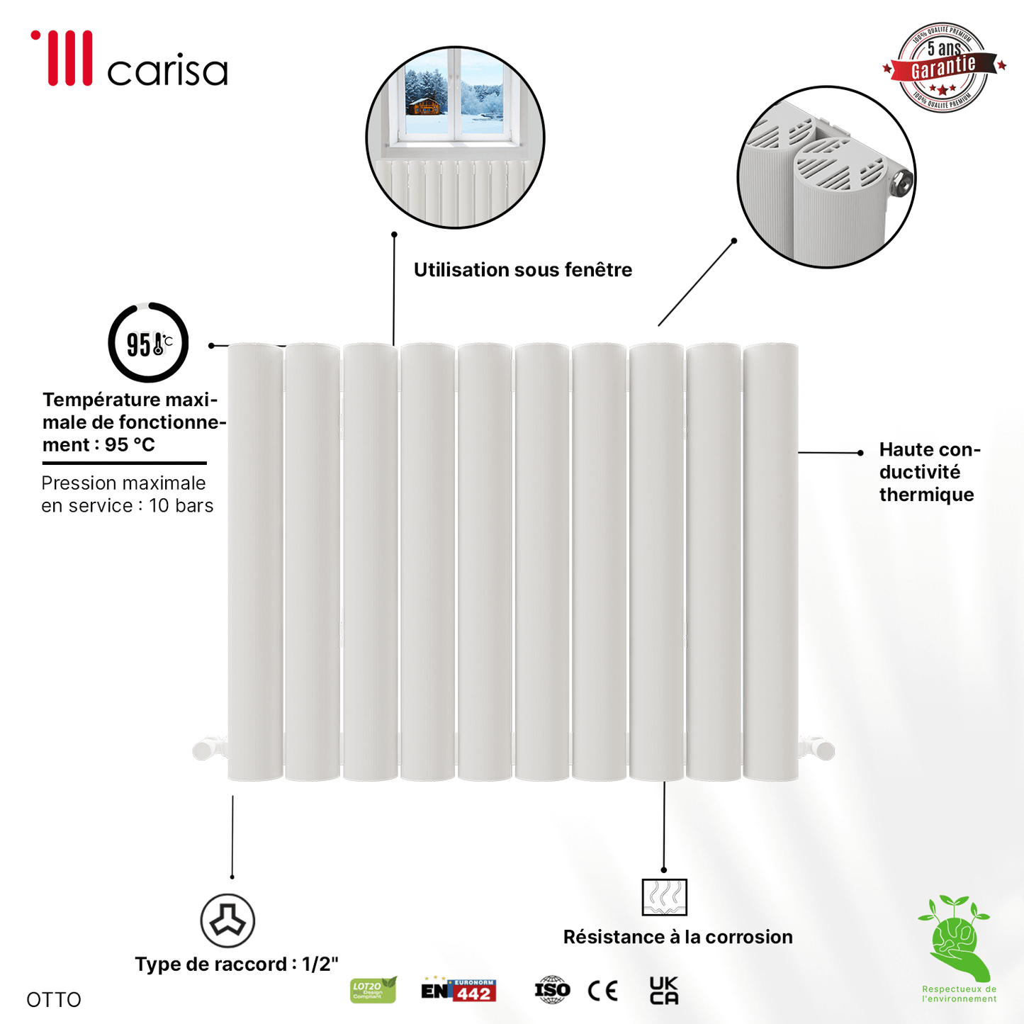 Carisa Otto Aluminium-Heizkörper, horizontal, modernes Design, Weiß