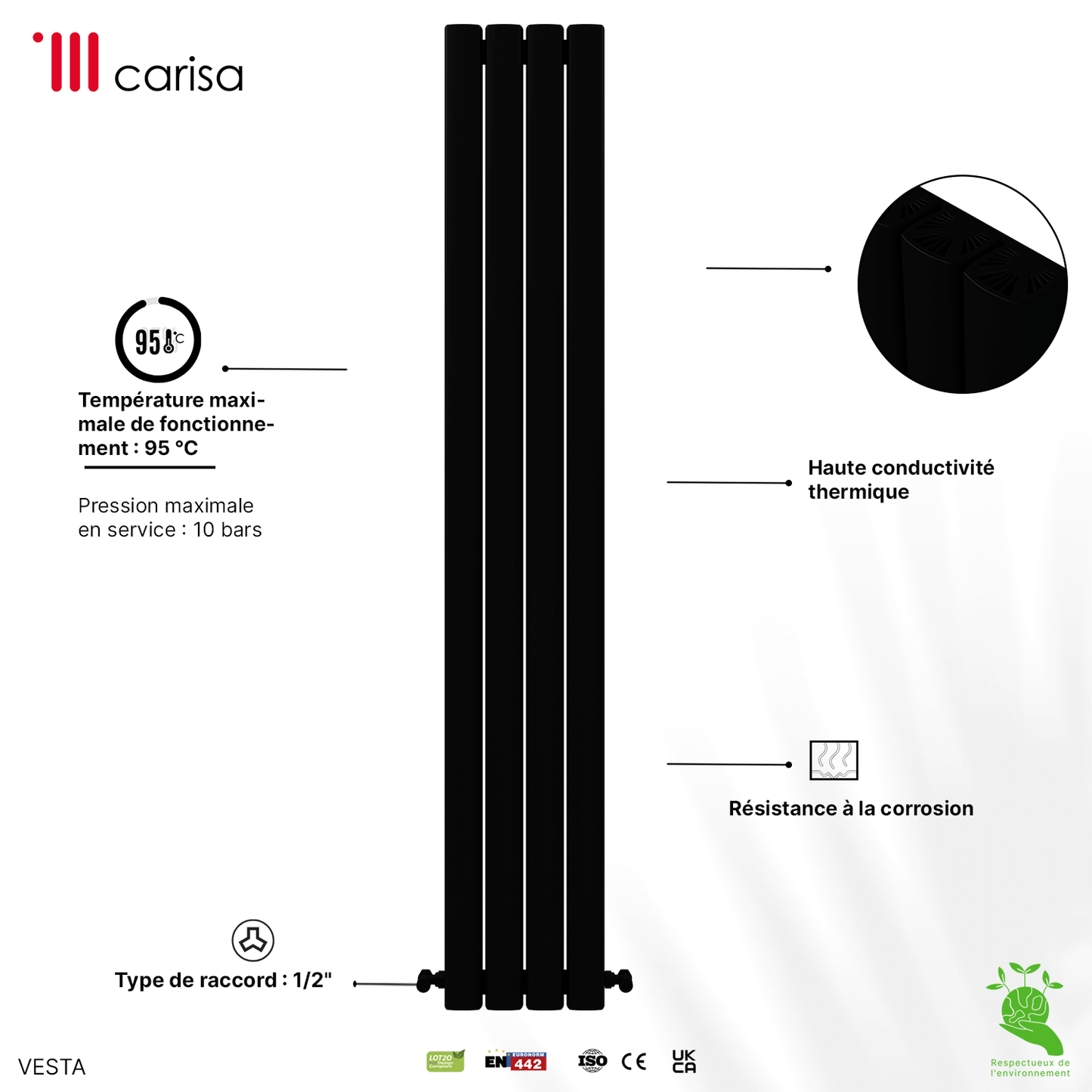 Carisa Vesta Vertikaler Aluminium-Heizkörper, modernes Design, Schwarz