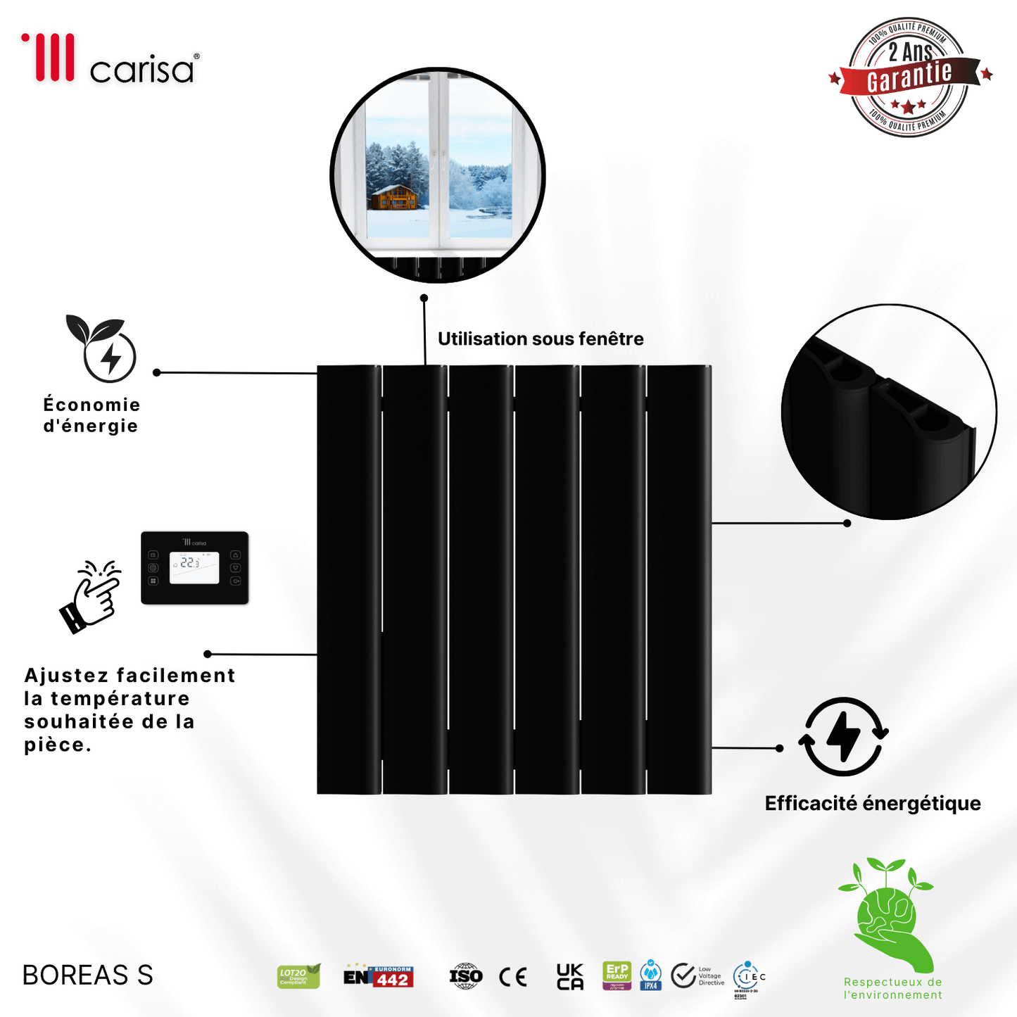 Carisa Boreas S Horizontaler elektrischer Heizkörper, modernes Design, Schwarz
