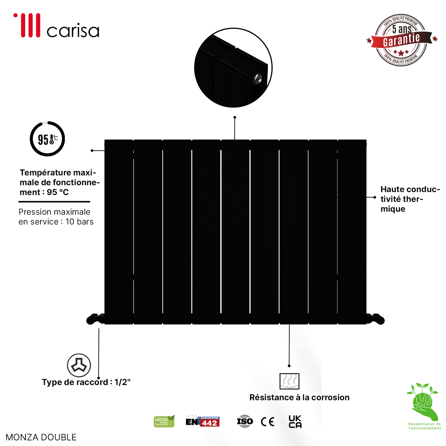 Carisa Monza Horizontaler Aluminium-Heizkörper, modernes Design, Schwarz