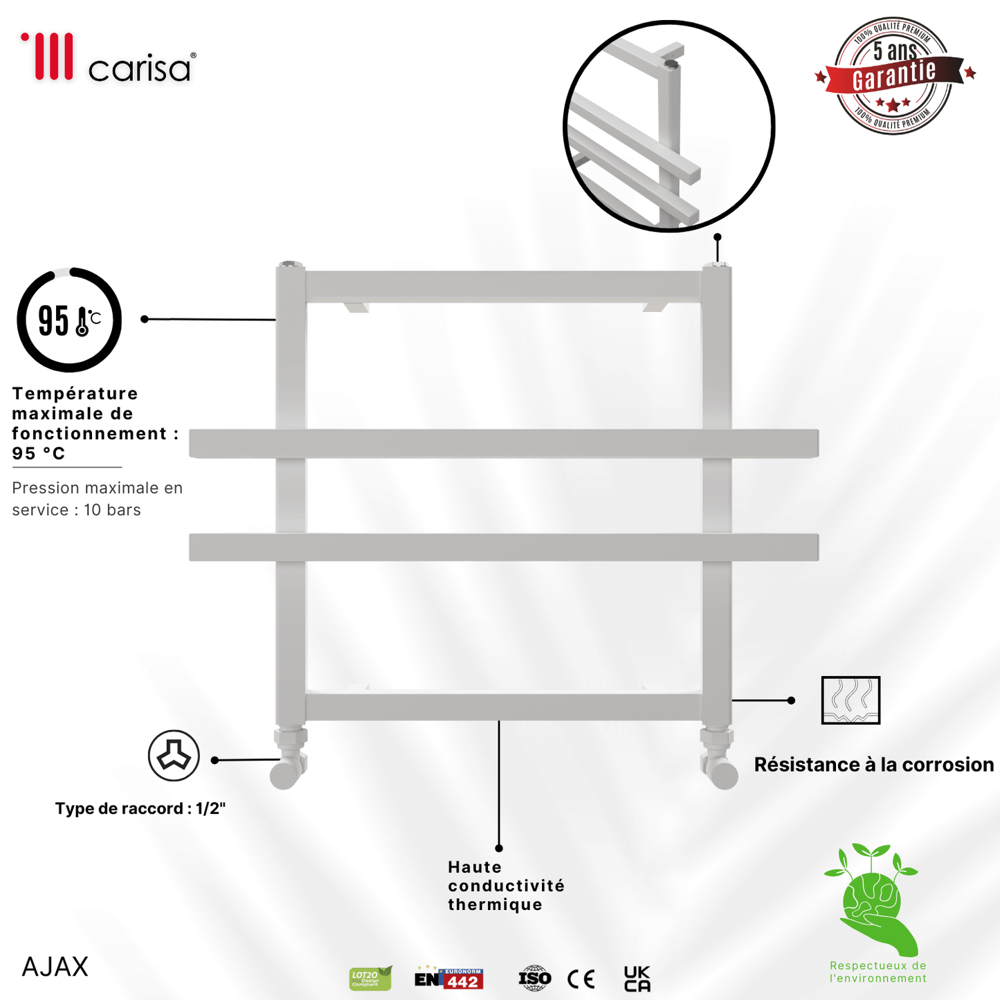 Carisa Ajax Handtuchwärmer aus Aluminium, modernes Design, Weiß
