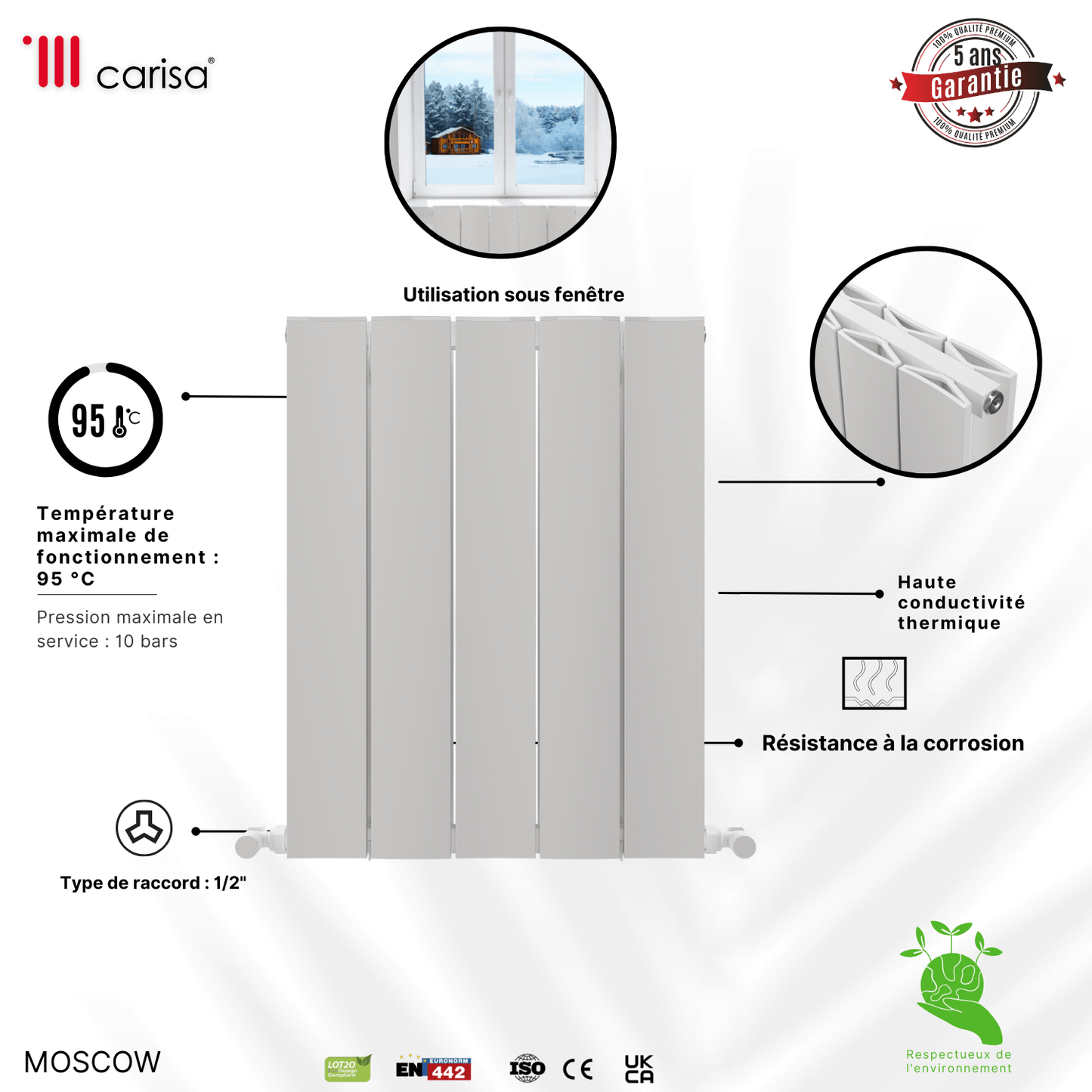 Carisa Moskau Horizontaler Aluminium-Heizkörper, modernes Design, Weiß