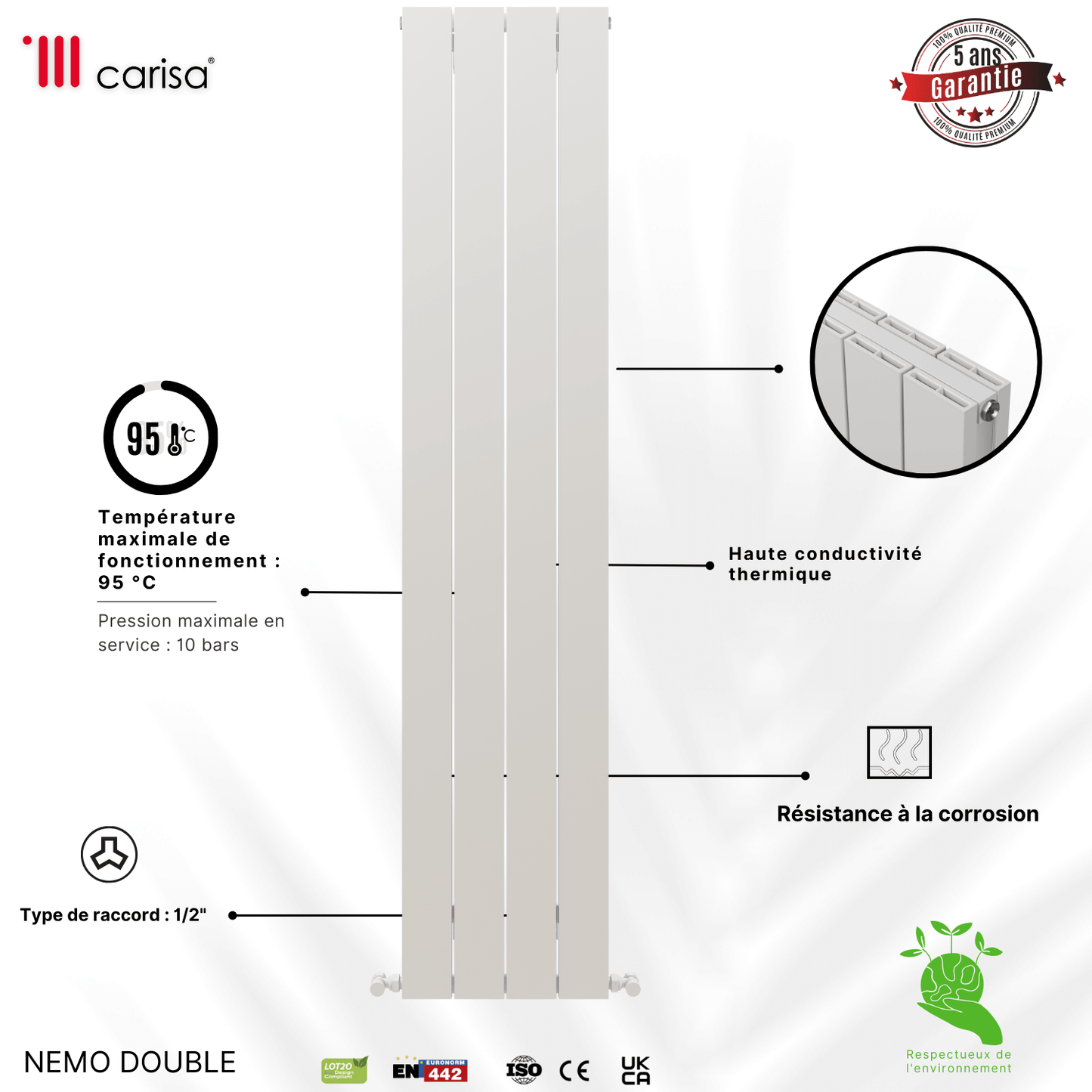 Carisa Nemo Vertikaler Aluminium-Heizkörper, modernes Design, Weiß
