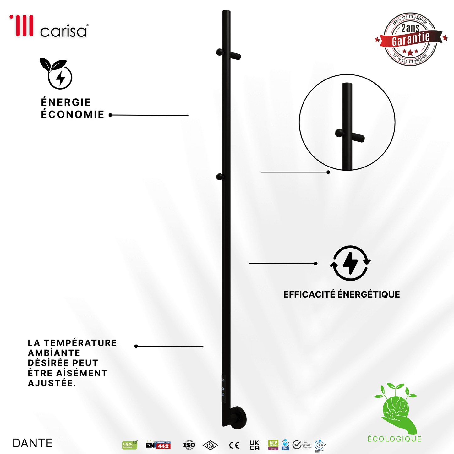 Carisa Dante Sèche-Serviette Électrique Design Moderne Noir Mat