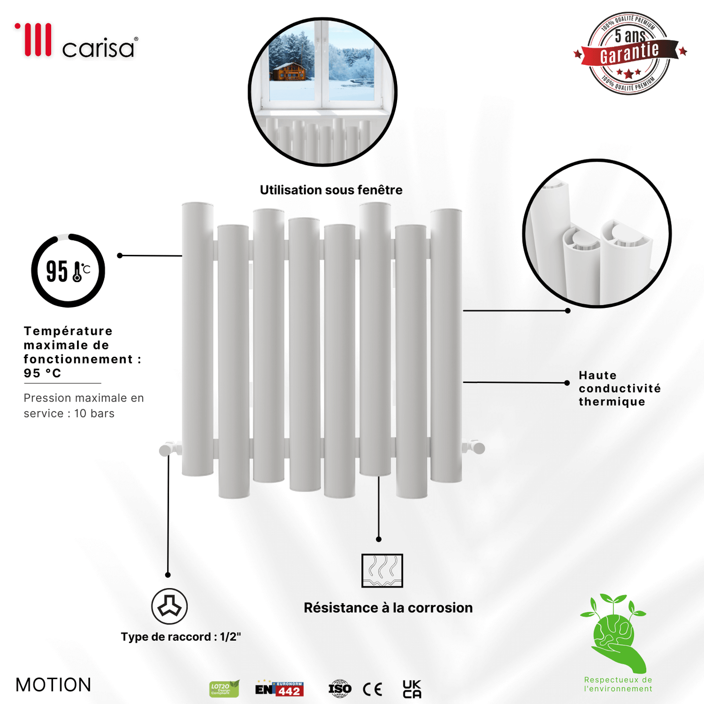 Carisa Motion Horizontaler Aluminium-Heizkörper, modernes Design, Weiß
