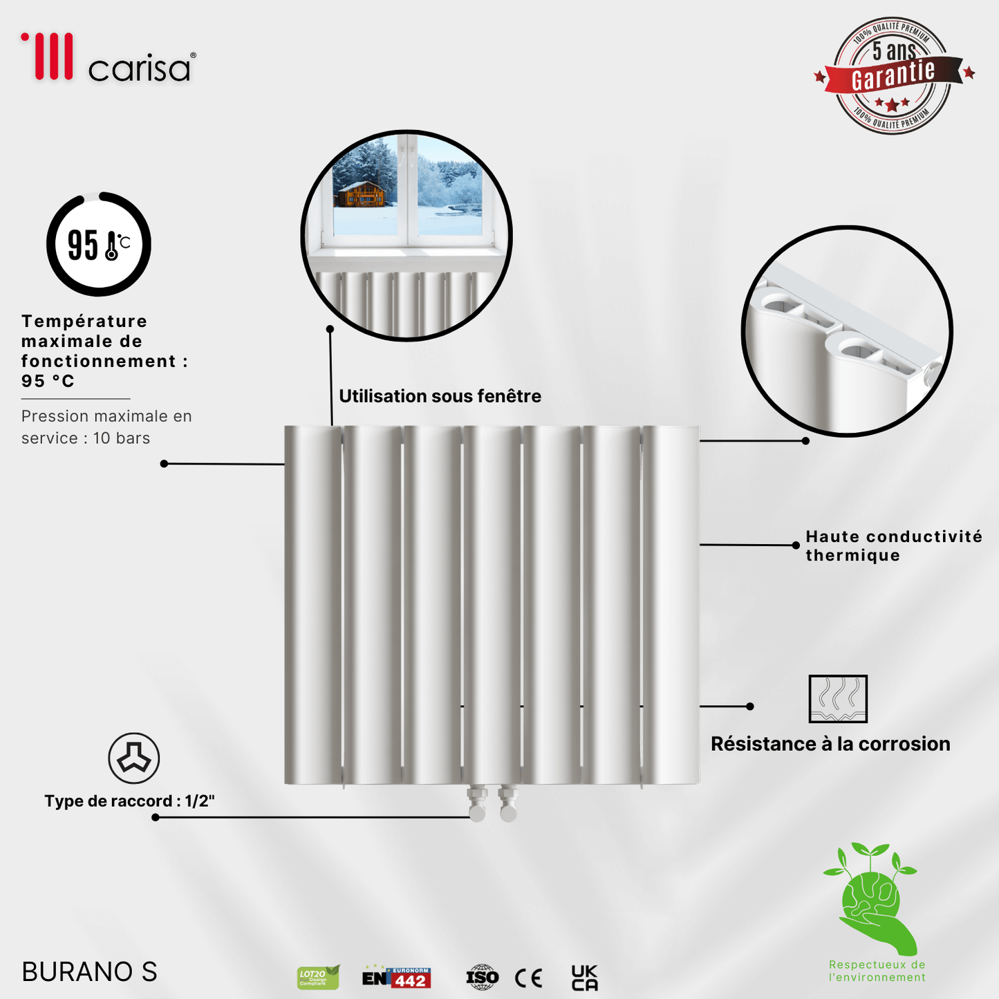 Carisa Burano S Horizontaler Aluminium-Heizkörper, modernes Design, Weiß