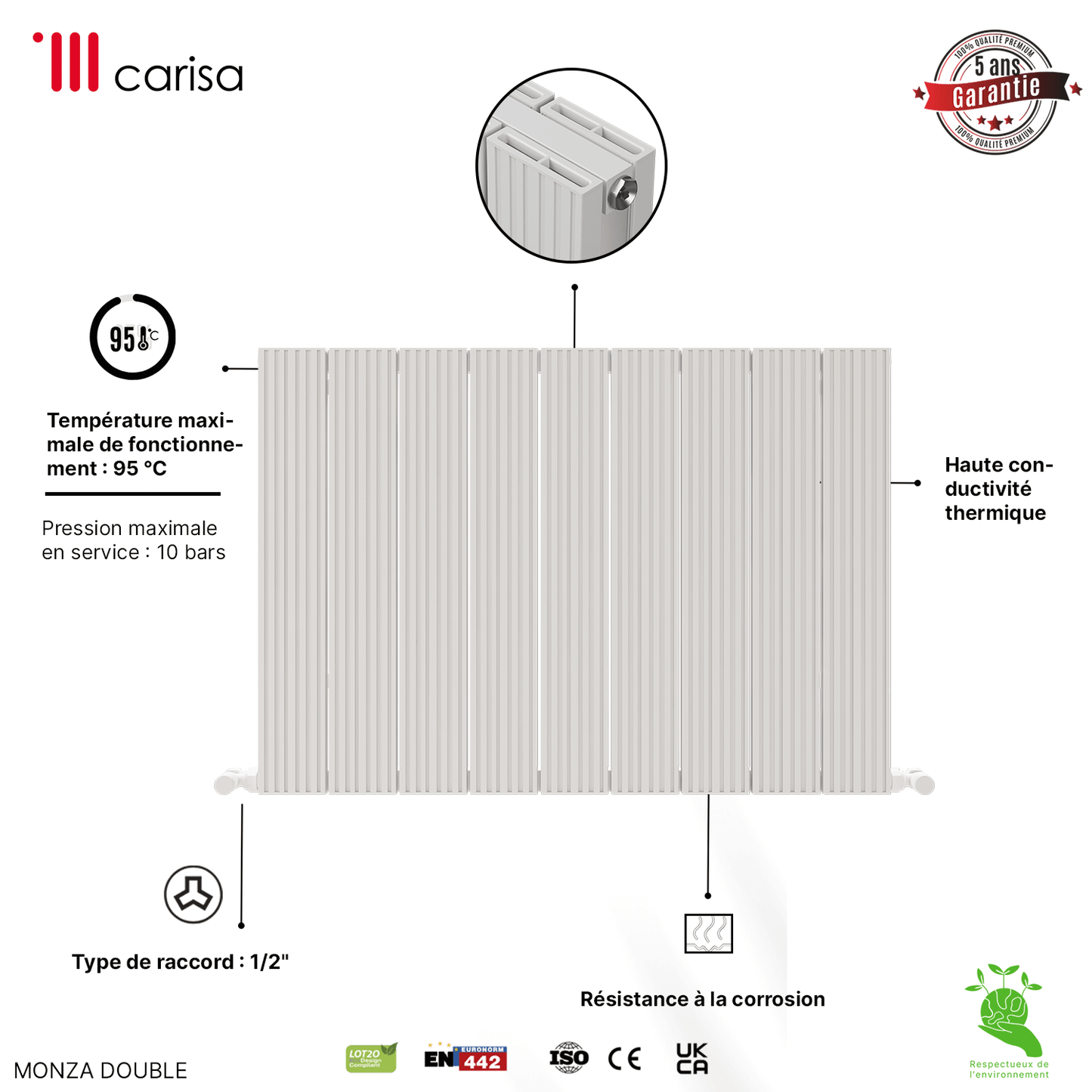 Carisa Monza Horizontaler Aluminium-Heizkörper, modernes Design, Weiß