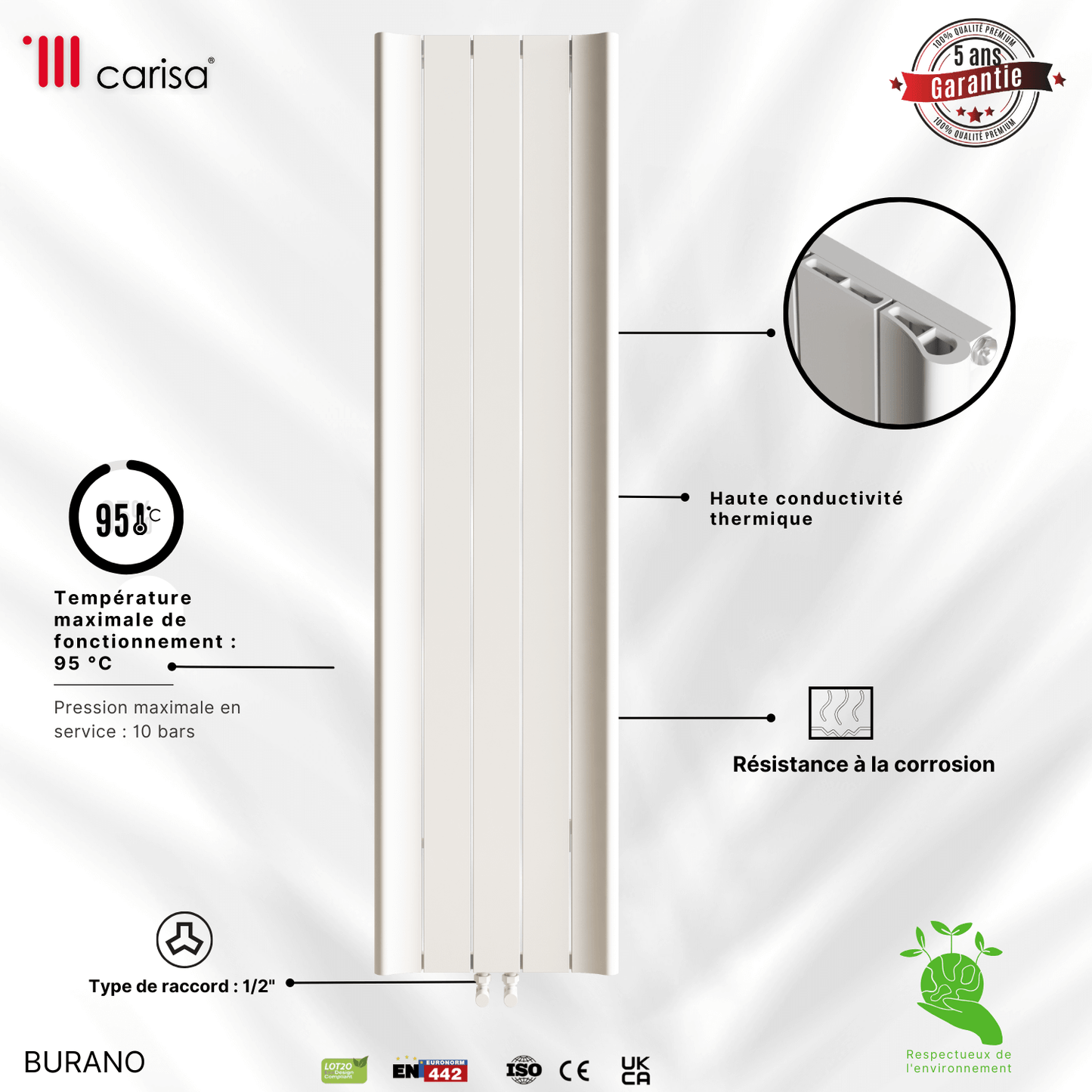 Carisa Burano Vertikaler Aluminium-Heizkörper, modernes Design, Weiß