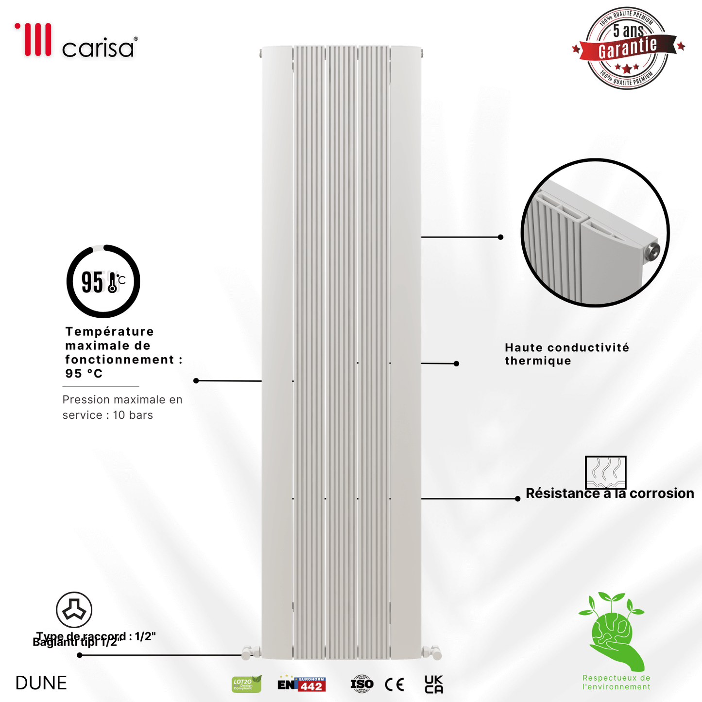 Carisa Dune Vertikaler Aluminium-Heizkörper, modernes Design, Weiß