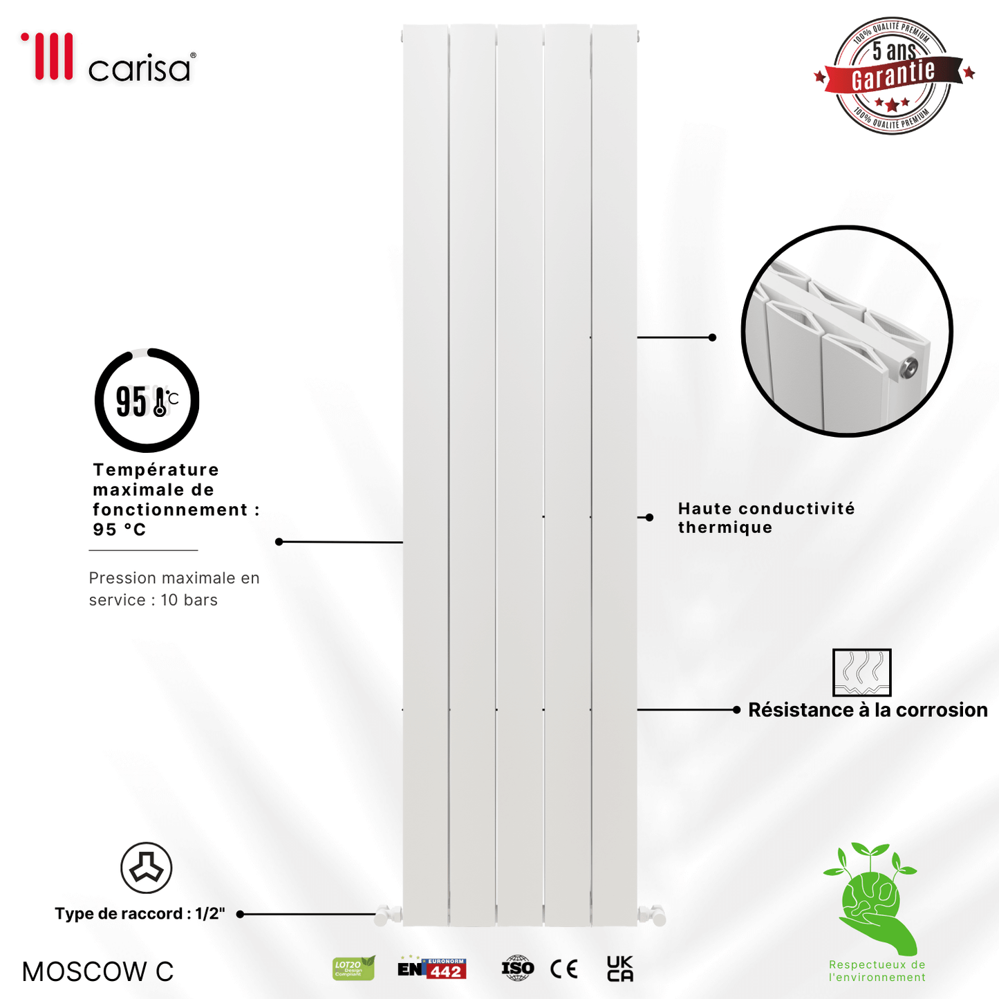 Carisa Moscow C Vertikaler Aluminium-Heizkörper, modernes Design, Weiß