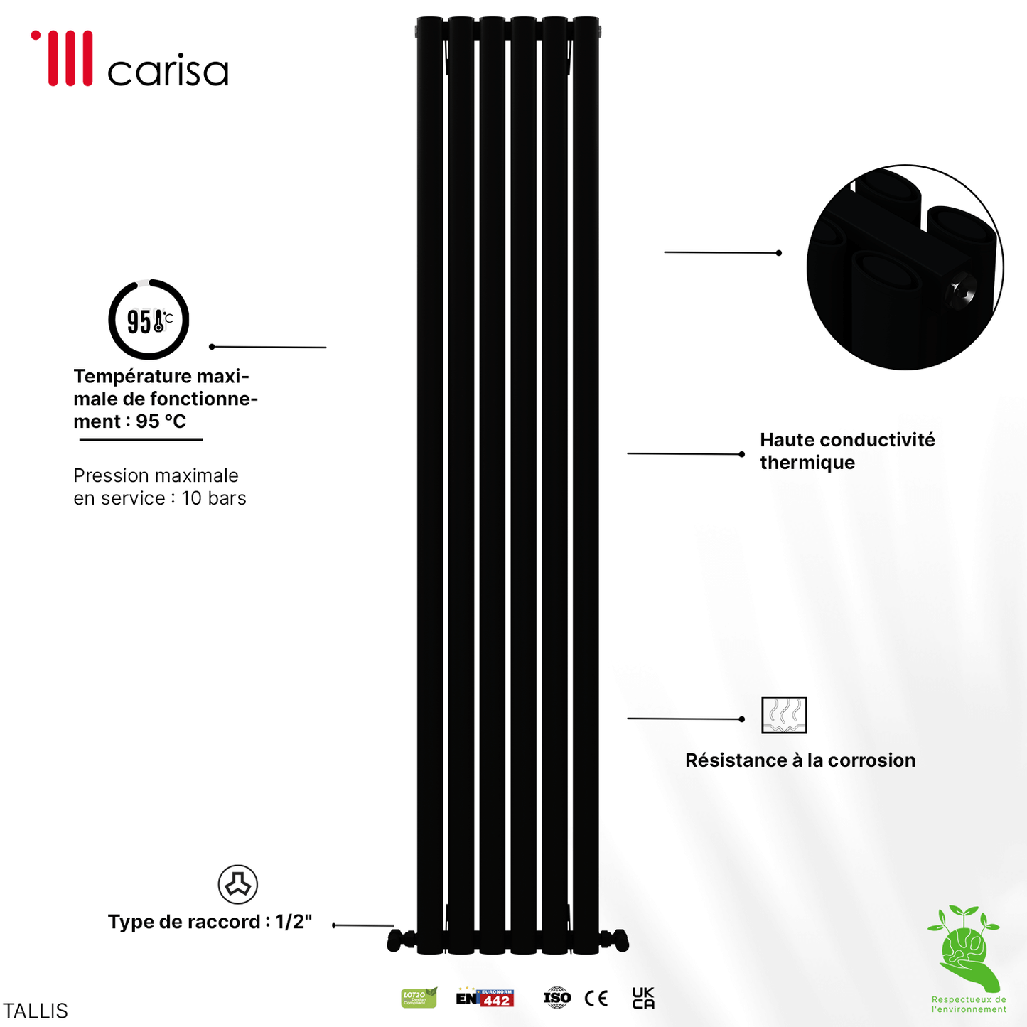 Carisa Tallis Vertikaler Aluminium-Heizkörper, modernes Design, Schwarz