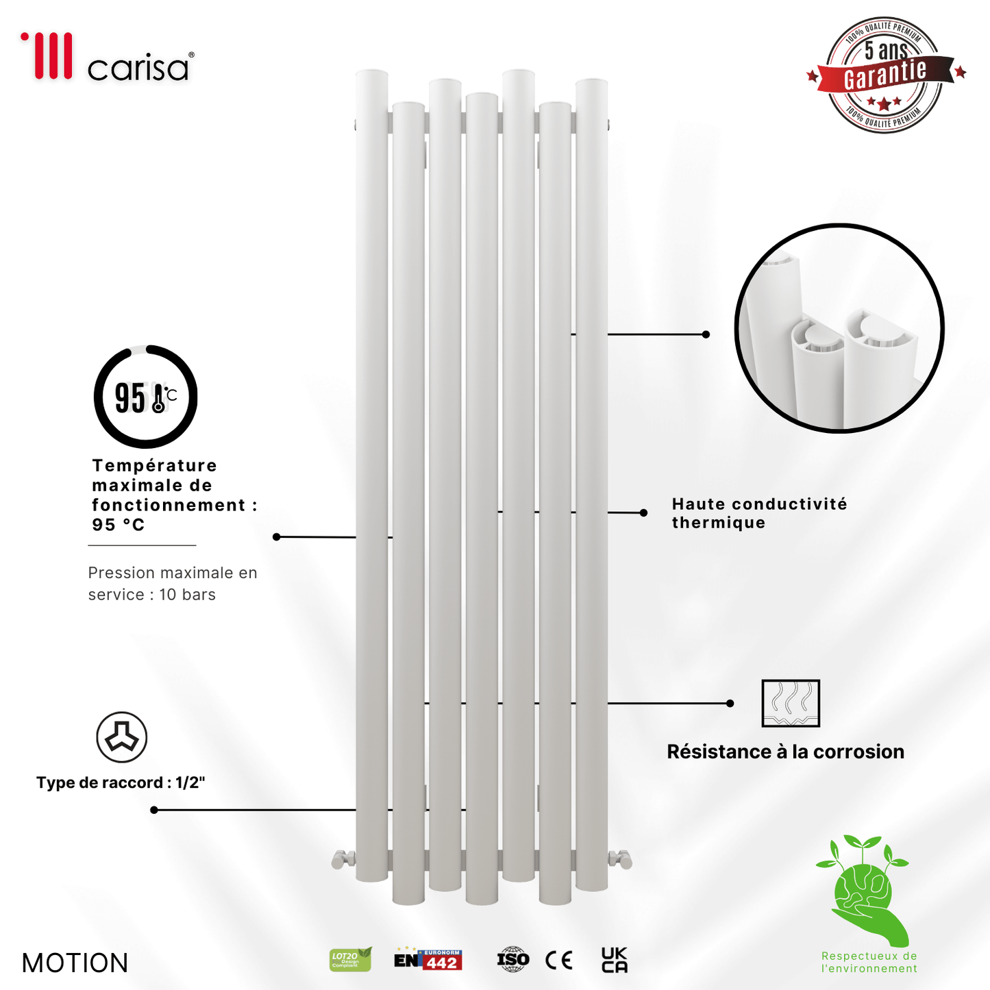 Carisa Motion Vertikaler Aluminium-Heizkörper, modernes Design, Weiß