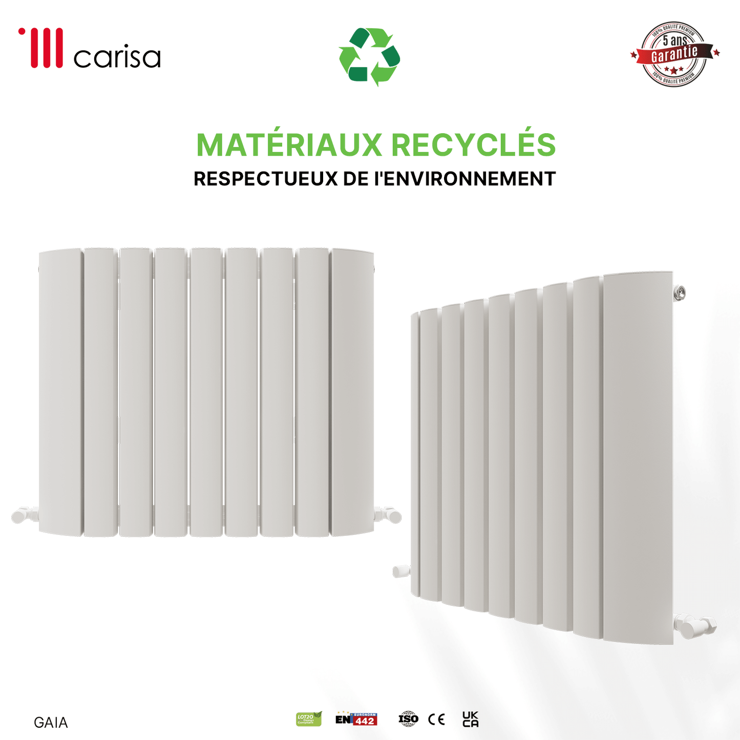 Carisa Gaia Horizontaler Aluminium-Heizkörper, modernes Design, Weiß