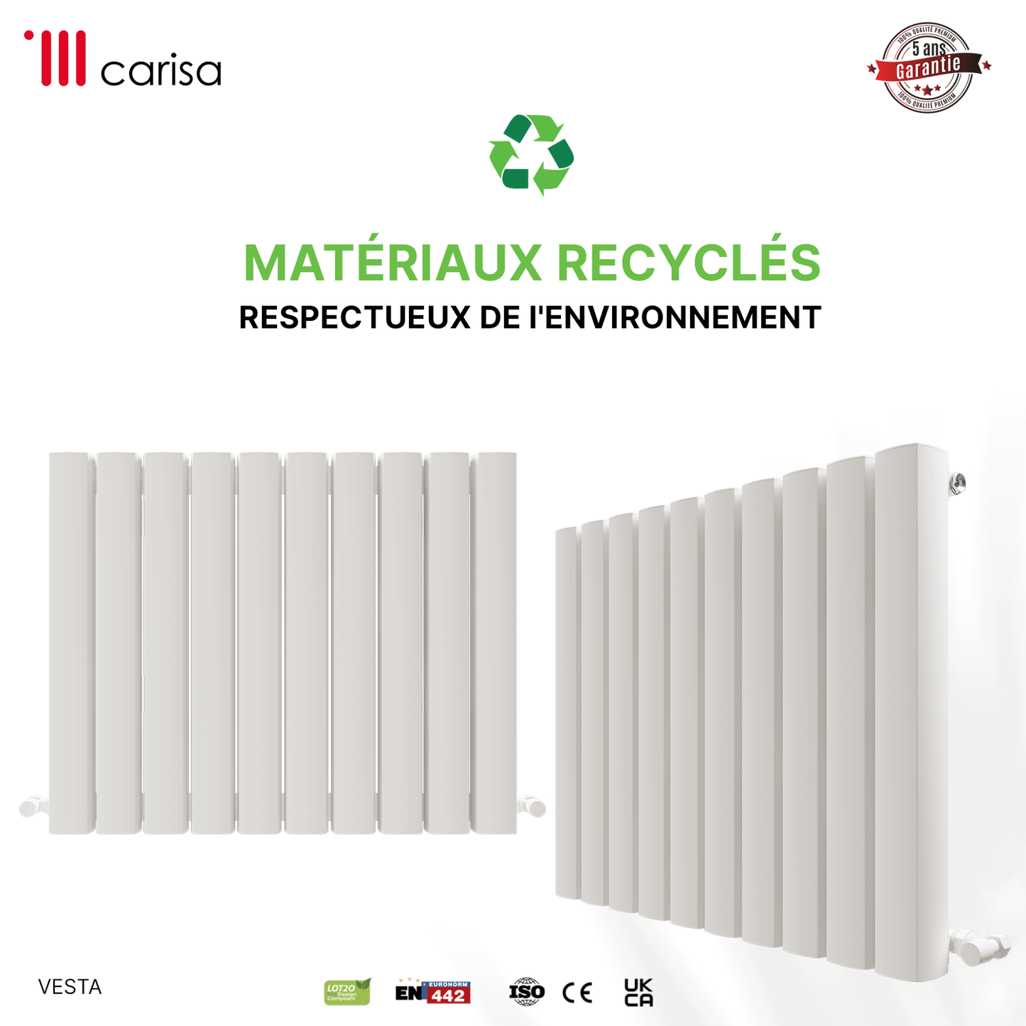 Carisa Vesta Horizontaler Aluminium-Heizkörper, modernes Design, Weiß