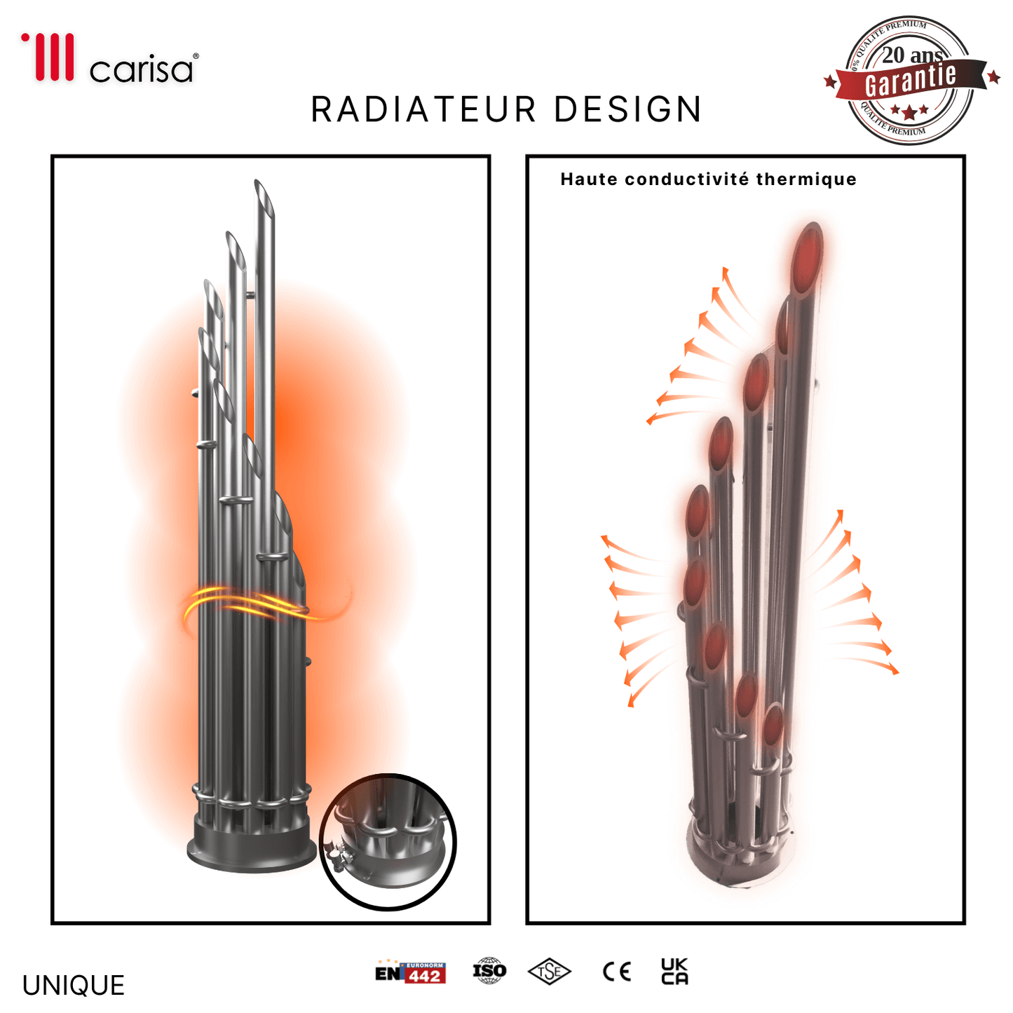 Carisa Einzigartiger vertikaler Heizkörper aus Edelstahl, modernes Design, seidenmatt poliert