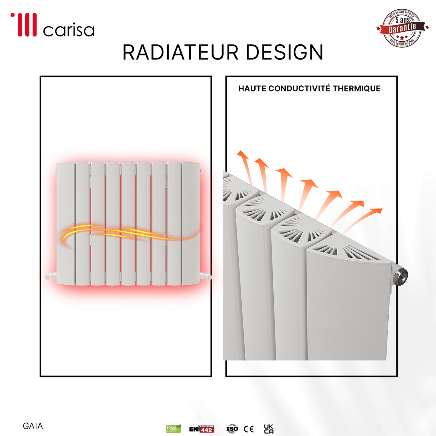 Carisa Gaia Horizontaler Aluminium-Heizkörper, modernes Design, Weiß