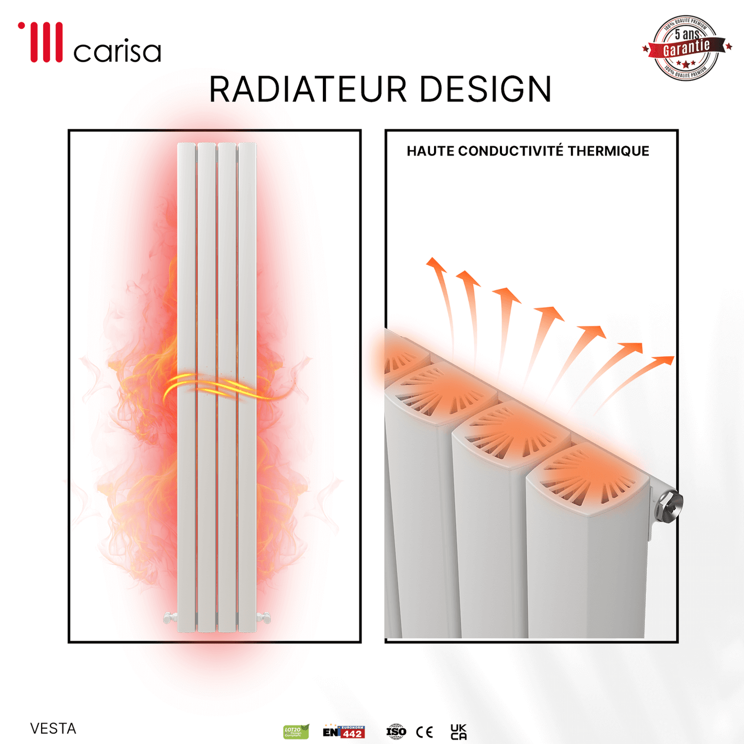 Carisa Vesta Vertikaler Aluminium-Heizkörper, modernes Design, Weiß