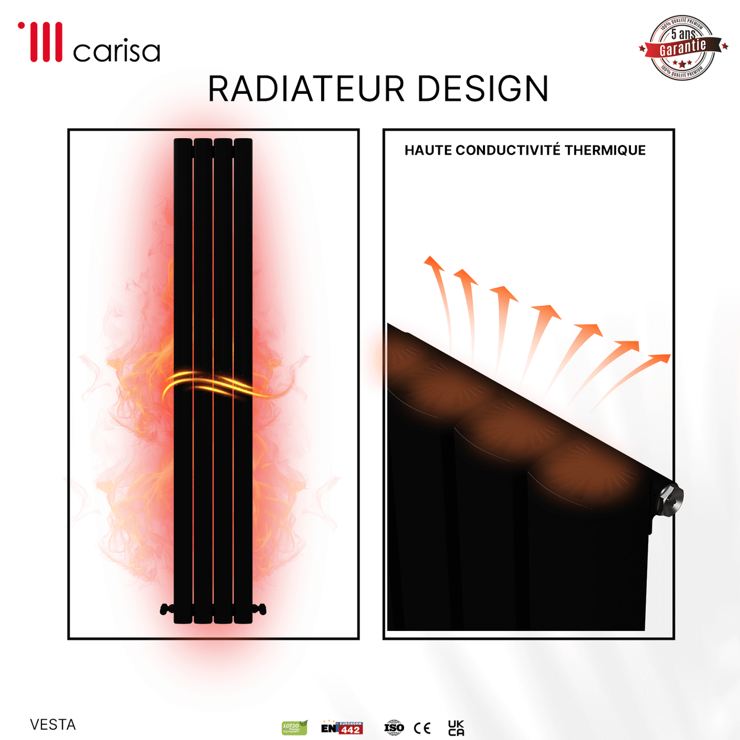 Carisa Vesta Vertikaler Aluminium-Heizkörper, modernes Design, Schwarz