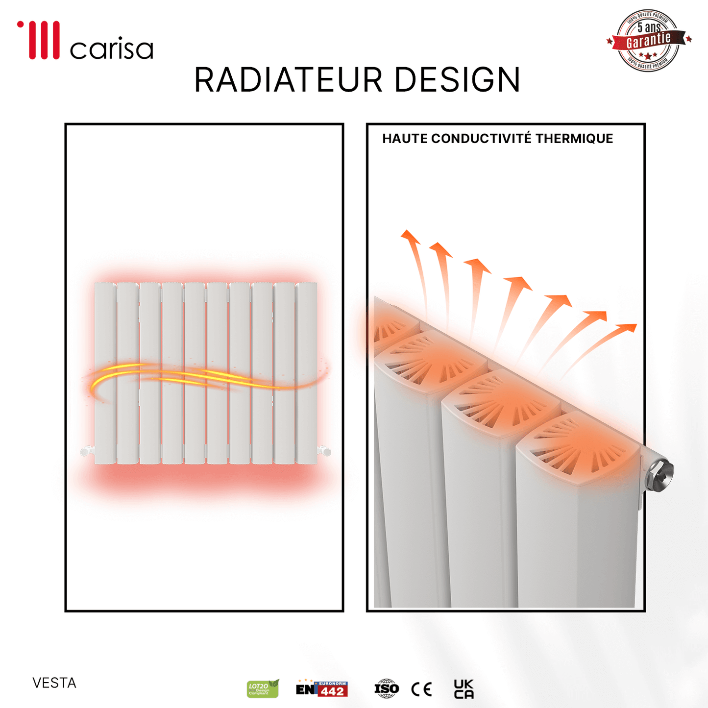 Carisa Vesta Horizontaler Aluminium-Heizkörper, modernes Design, Weiß