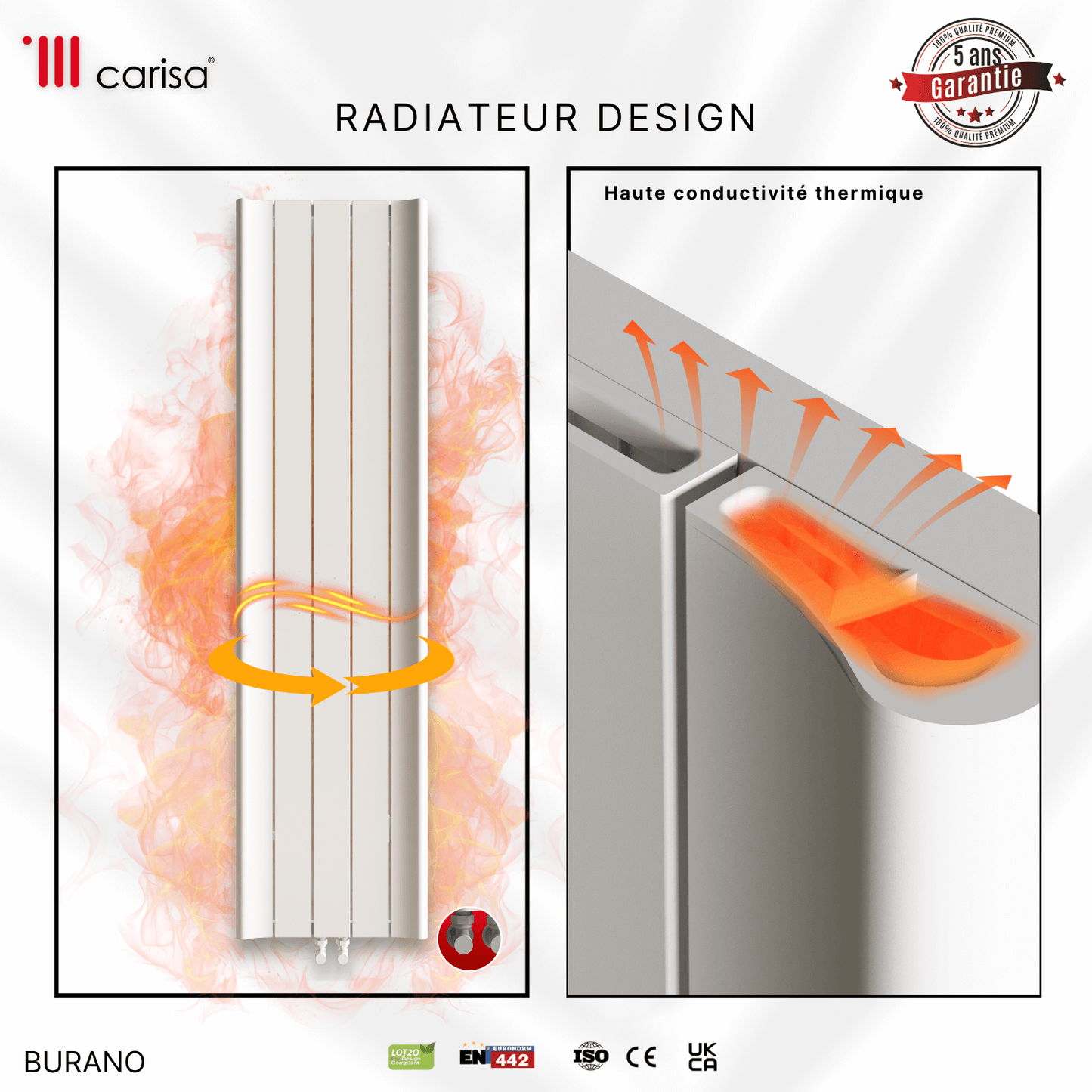 Carisa Burano Vertikaler Aluminium-Heizkörper, modernes Design, Weiß