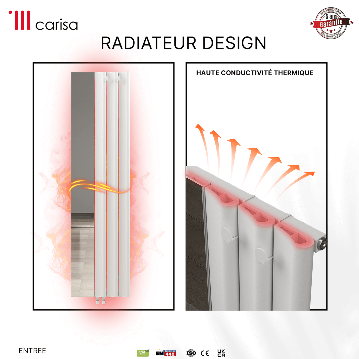 Carisa Entrance Vertikaler Aluminium-Heizkörper, modernes Design, Weiß