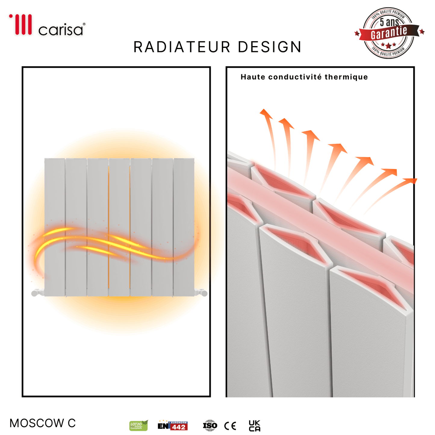 Carisa Moscow C Horizontaler Aluminium-Heizkörper, modernes Design, Weiß