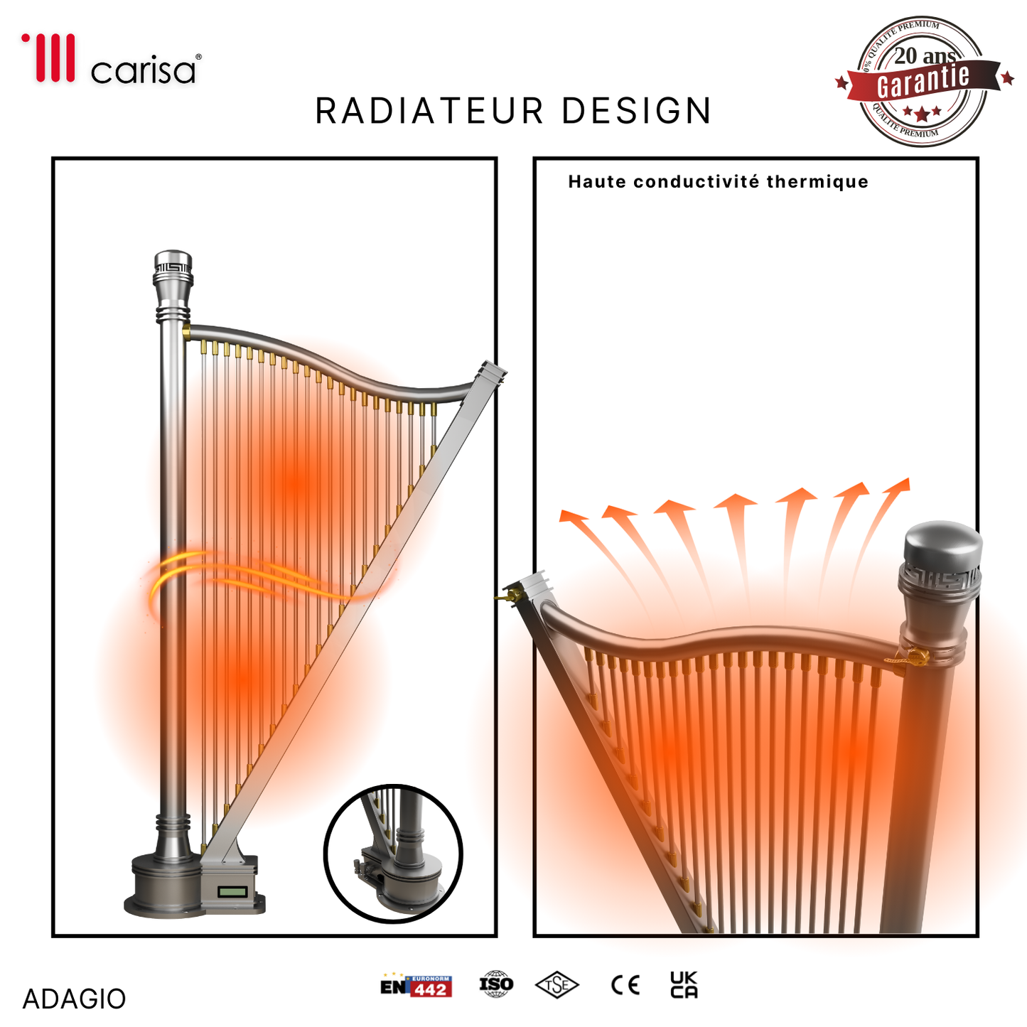 Carisa Adagio Vertikaler Heizkörper aus Edelstahl, modernes Design, seidenmatt poliert