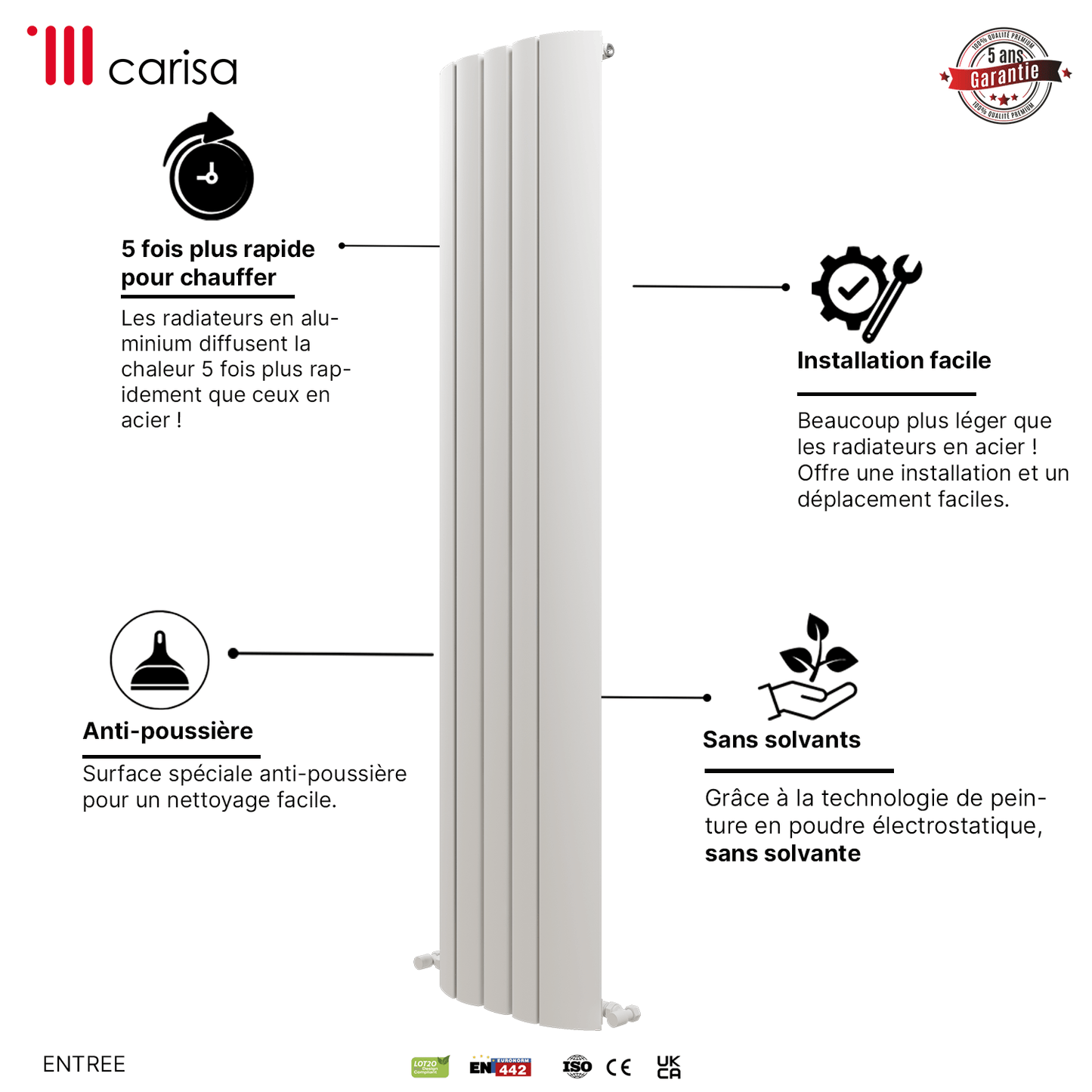 Carisa Gaia Vertikaler Aluminium-Heizkörper, modernes Design, Weiß