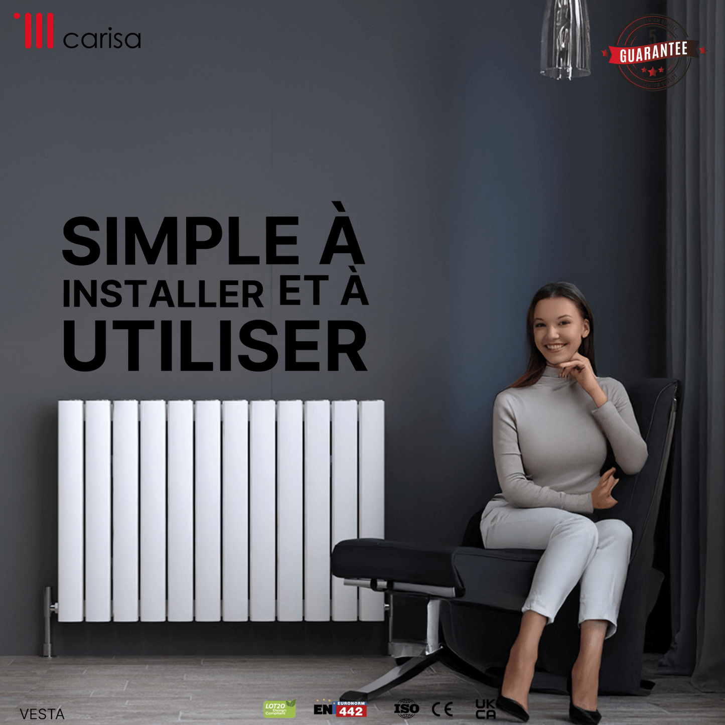 Carisa Vesta Horizontaler Aluminium-Heizkörper, modernes Design, Weiß