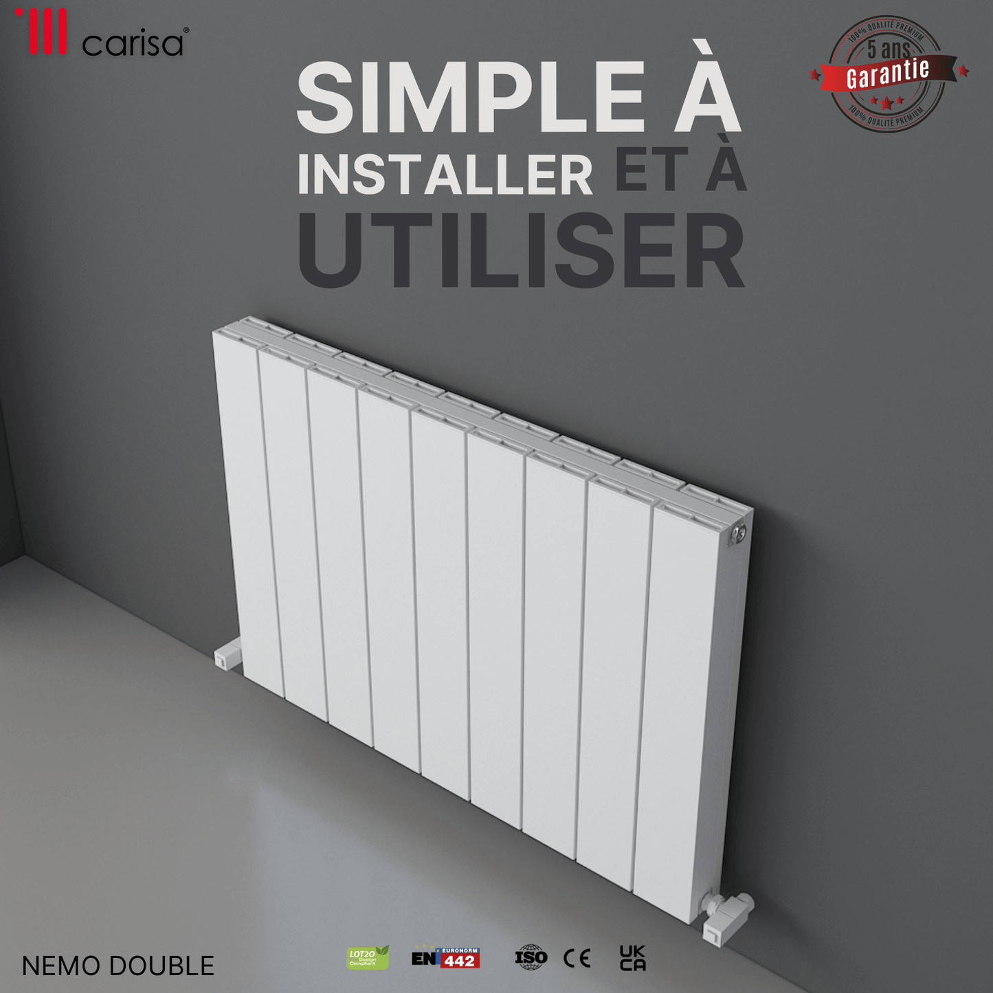 Carisa Nemo Horizontaler Aluminium-Heizkörper, modernes Design, Weiß