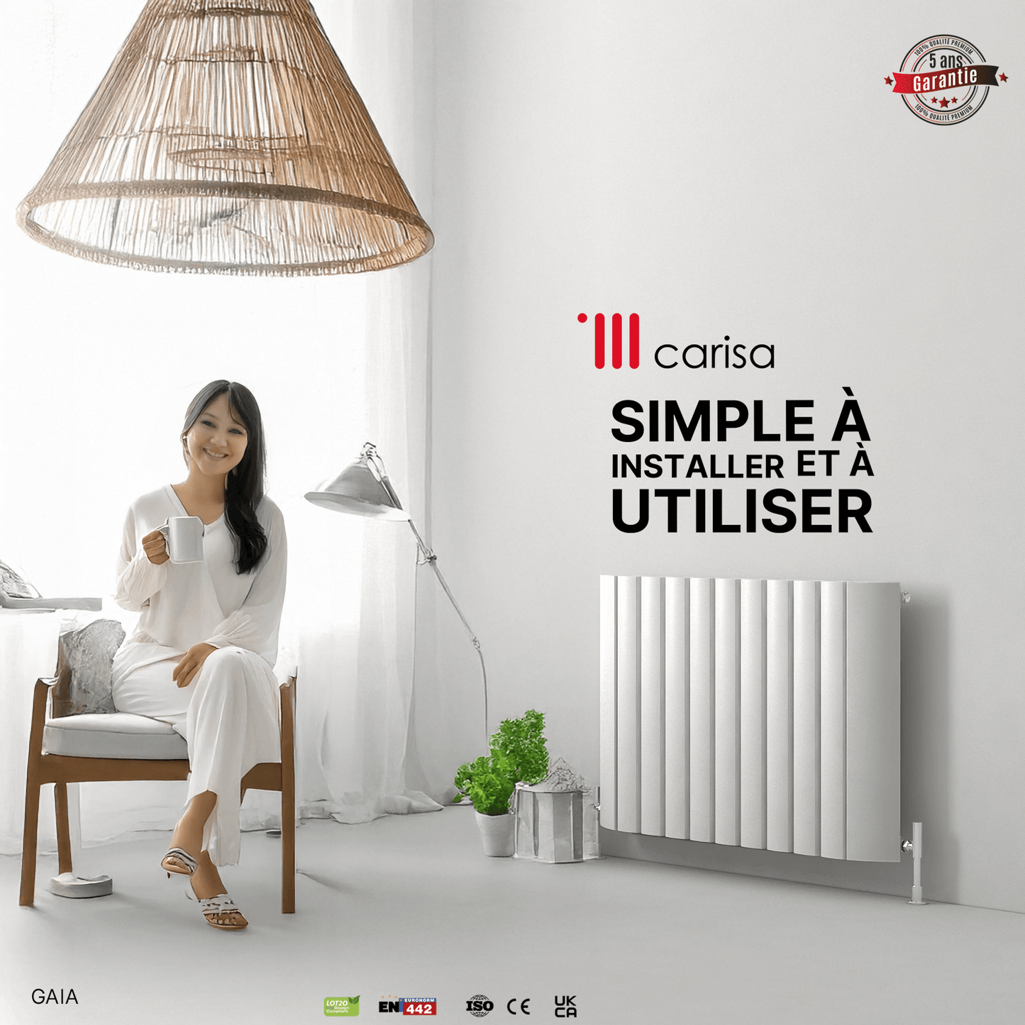 Carisa Gaia Horizontaler Aluminium-Heizkörper, modernes Design, Weiß
