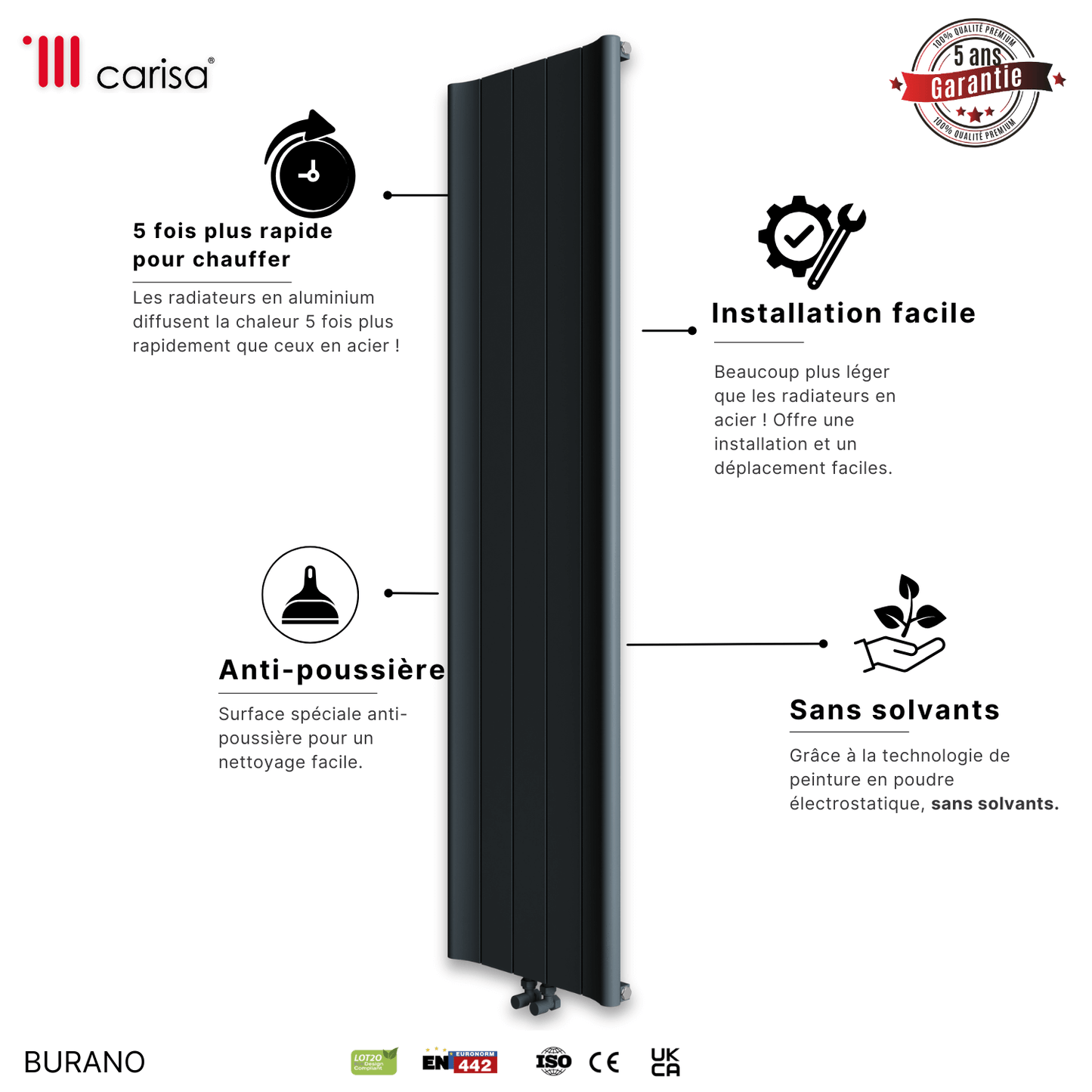 Carisa Burano Vertikaler Aluminium-Heizkörper, modernes Design, Anthrazit