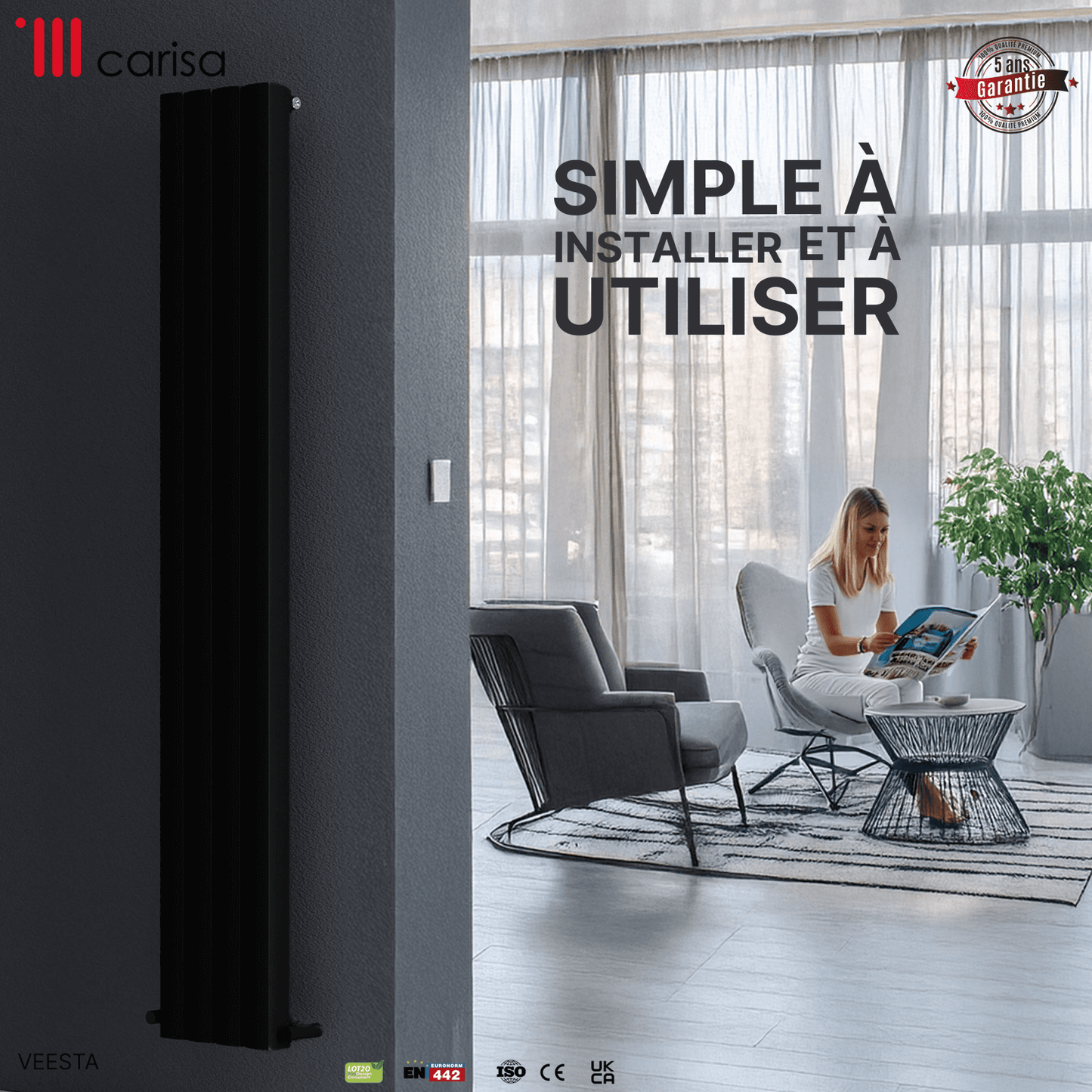Carisa Vesta Vertikaler Aluminium-Heizkörper, modernes Design, Schwarz