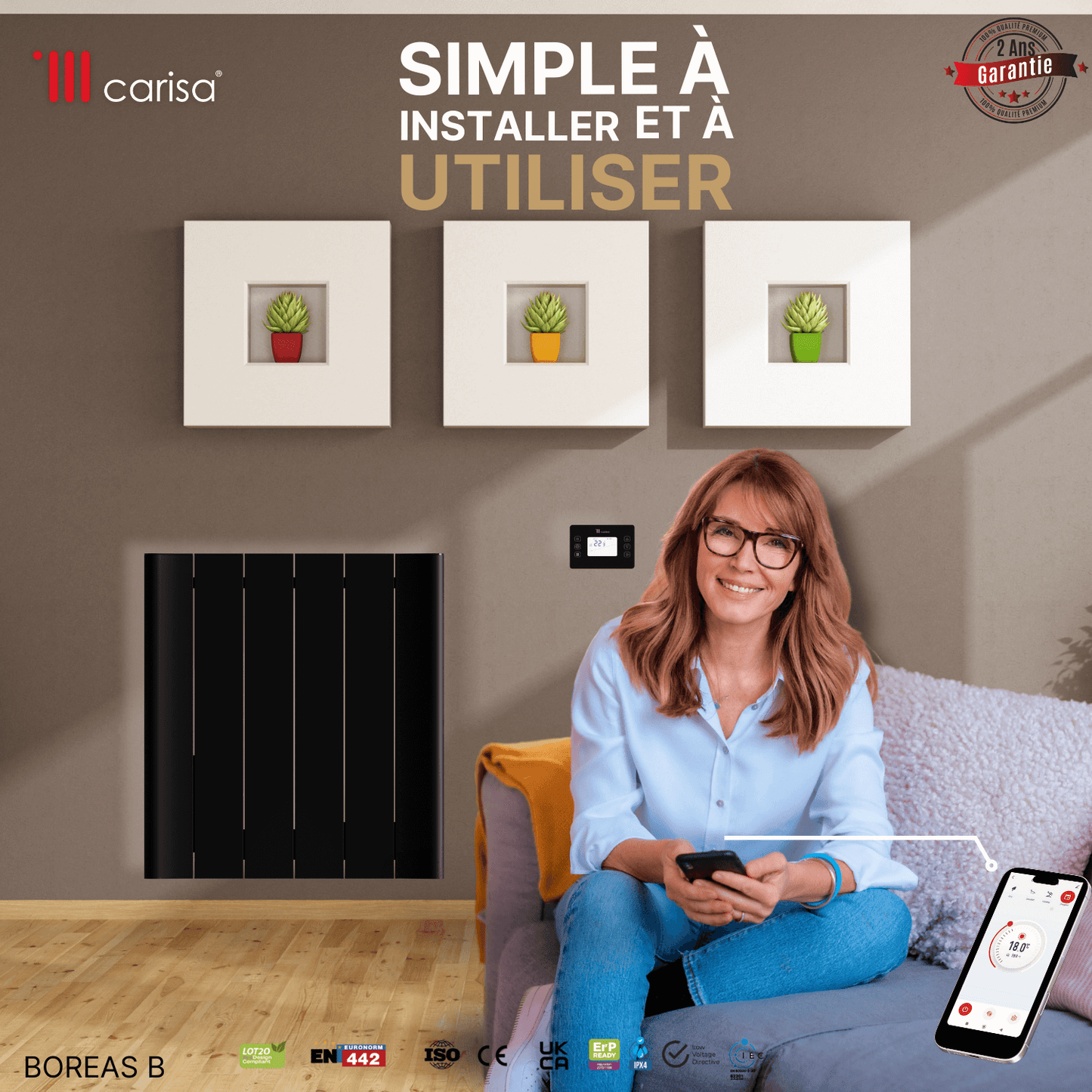 Carisa Boreas B Horizontaler elektrischer Heizkörper, modernes Design, Schwarz