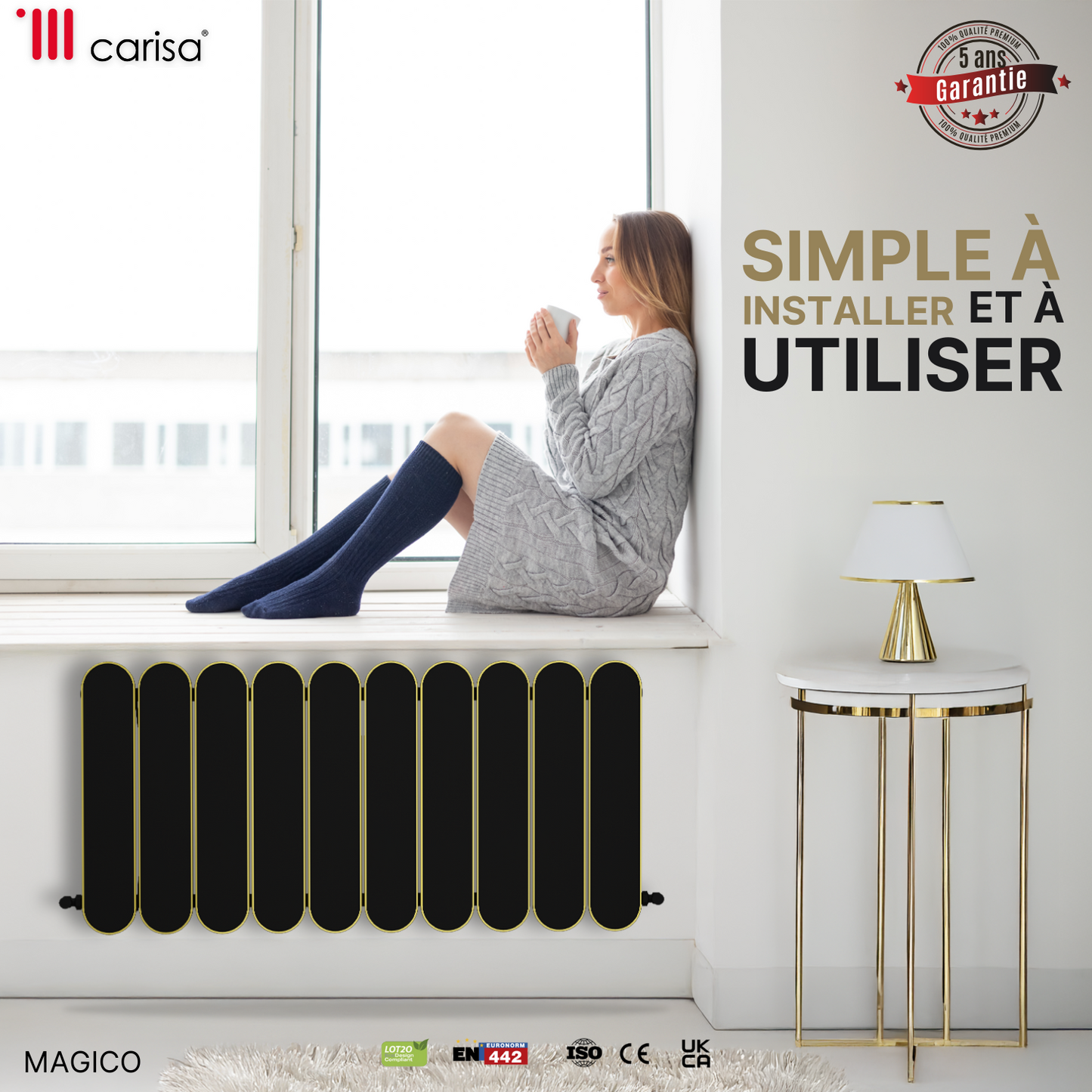 Carisa Magico Horizontaler Aluminium-Heizkörper, modernes Design, Schwarz