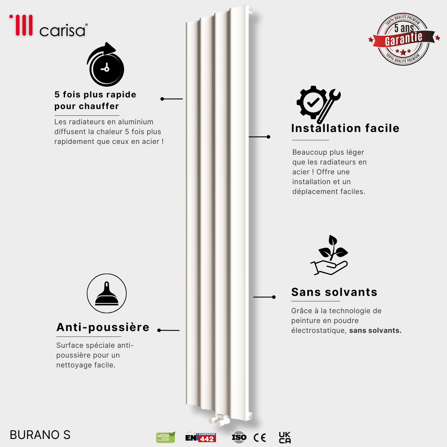 Carisa Burano S Vertikaler Aluminium-Heizkörper, modernes Design, Weiß