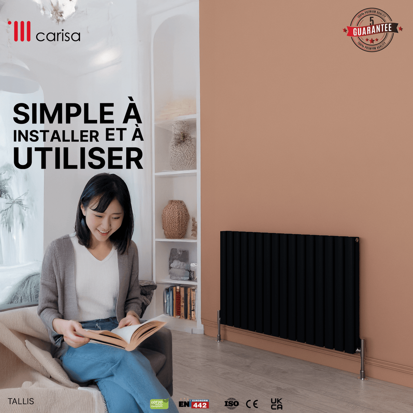 Carisa Tallis Aluminium-Heizkörper, horizontal, modernes Design, Schwarz